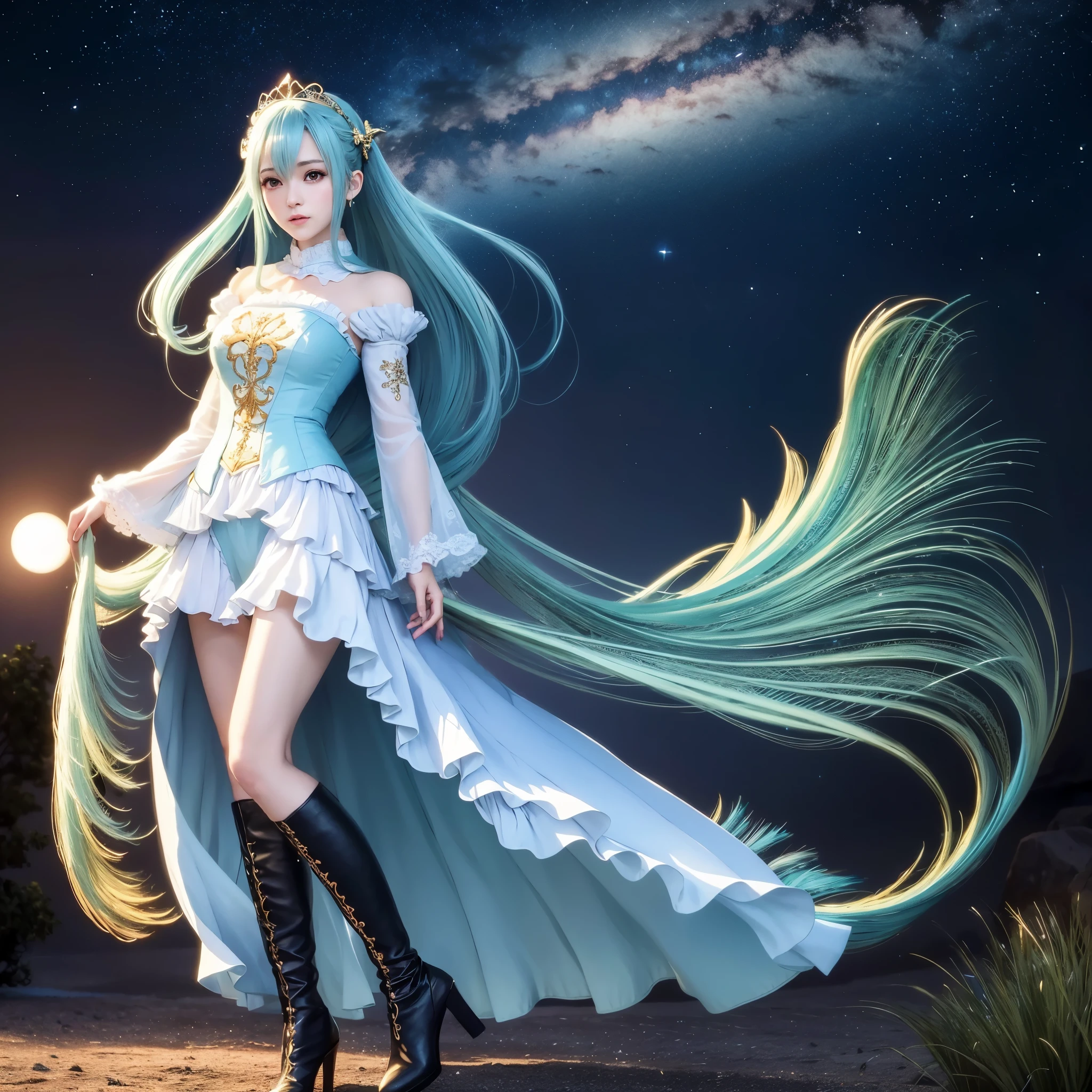 A live-action,Unity 8K wallpaper,standing upright, illuminated by the moonlight,a perfect representation of the beautiful women appearing in anime and games, almost equivalent,A beautiful android girl,Lace & Chiffon Frill Blouse with colors and designs reminiscent of peacock feathers, paired with a linen skirt,High-heeled black knee-high boots,full body,looking back,sexy body