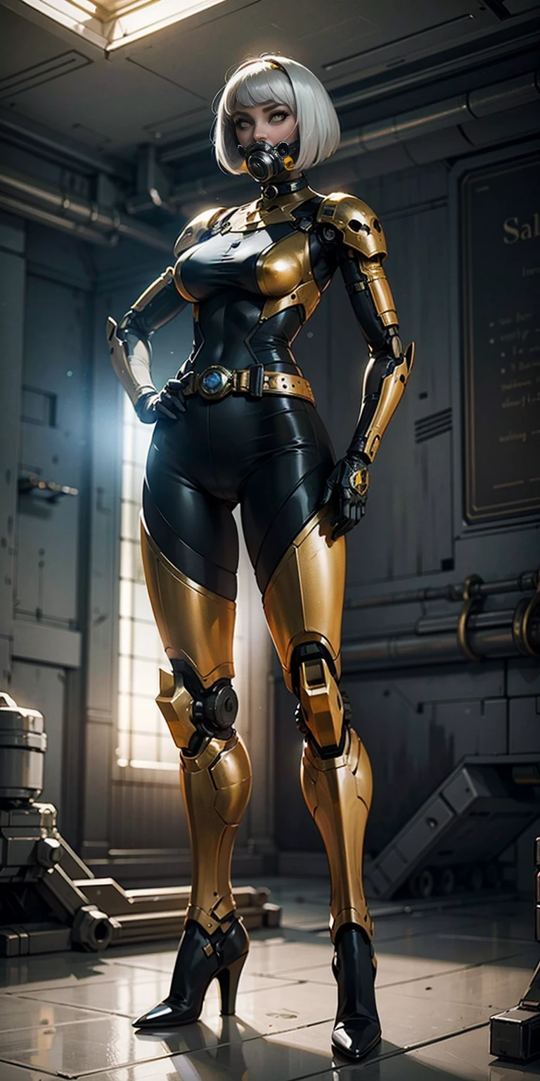 (masterpiece:1.2,high quality), 1girl, ((ultra realistic details)), global illumination, shadows, Unreal Engine, octane render, 8k, ultra sharp, metal, intricate, ornaments detailed, highly intricate details, yellow eyes, (mechanical body:1.2), white hair, (black gas mask), Gear, bob cut, hundreds of wires, Terran, (Robot, android:1.15), Apocalypse, broken buildings, full body, whole body. 1solo (girl). standing, hands on hips full body, whole body. choker, big belt, view from below, feet together, bracers, tiara