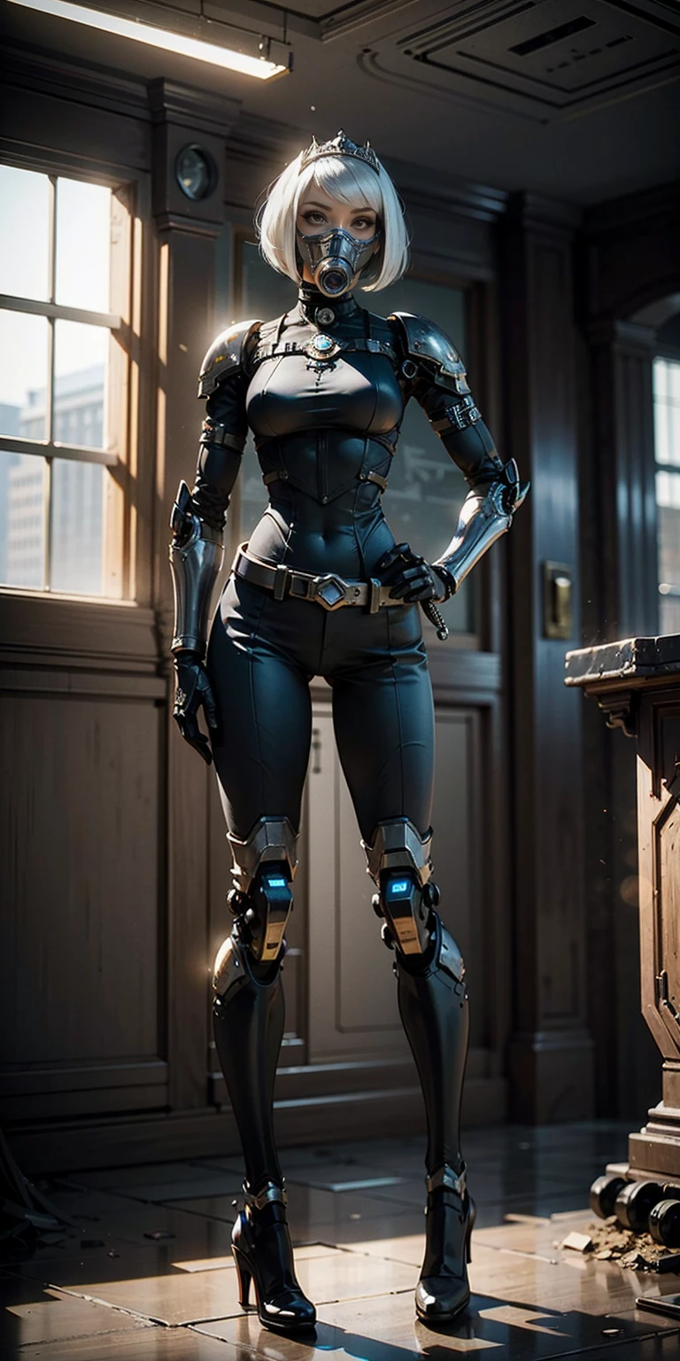 (masterpiece:1.2,high quality), 1girl, ((ultra realistic details)), global illumination, shadows, Unreal Engine, octane render, 8k, ultra sharp, metal, intricate, ornaments detailed, highly intricate details, yellow eyes, (mechanical body:1.2), white hair, (black gas mask), Gear, bob cut, hundreds of wires, Terran, (Robot, android:1.15), Apocalypse, broken buildings, full body, whole body. 1solo (girl). standing, hands on hips full body, whole body. choker, big belt, view from below, feet together, bracers, tiara