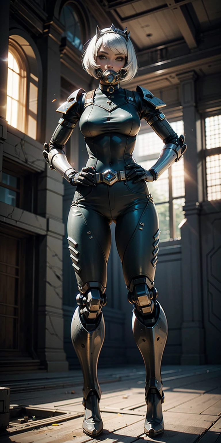 (masterpiece:1.2,high quality), 1girl, ((ultra realistic details)), global illumination, shadows, Unreal Engine, octane render, 8k, ultra sharp, metal, intricate, ornaments detailed, highly intricate details, yellow eyes, (mechanical body:1.2), white hair, (black gas mask), Gear, bob cut, hundreds of wires, Terran, (Robot, android:1.15), Apocalypse, broken buildings, full body, whole body. 1solo (girl). standing, hands on hips full body, whole body. choker, big belt, view from below, feet together, bracers, tiara