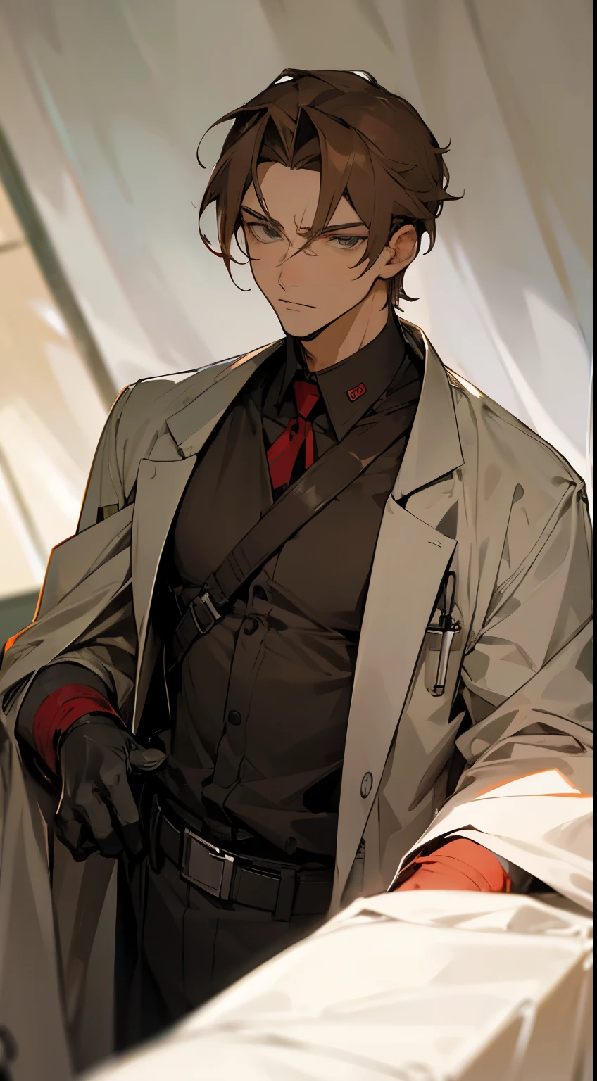 anime male, man, medic, soldier, very light brown hair, grey eyes, serious, handsome, inside a medical tent