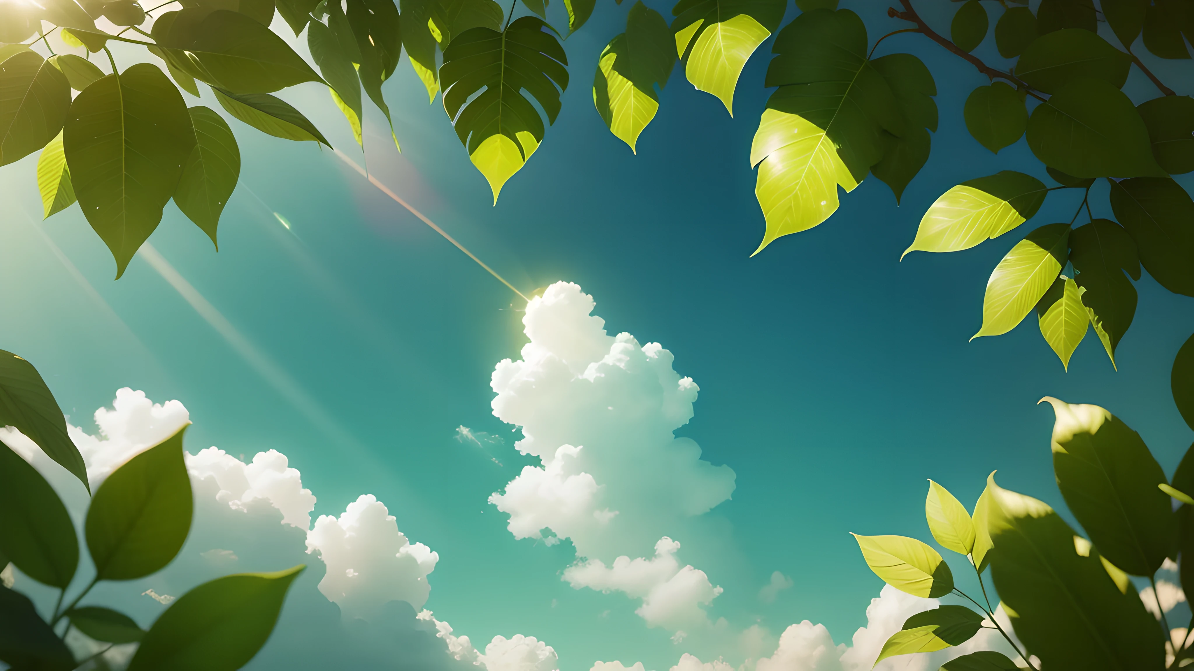 Top CG,(best quality)green(leaf),sparkling),sky blue sky,(Photo texture),Detail enhancement,lifelike,light green,Tyndall ray,wallpaper,soft light,romantic scenes,