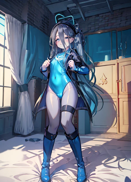 highest quality,sleep on your back in bed，Crab crotch，show me your boots，thigh high boots，leotardチラ見せ，glove，elegant, 1 girl, leotard，body suit，cute, blushed, looking at the viewer, from below, prison，blue eyes, beautiful eyes, beautiful background, particles of light, Light of the sun, dramatic lighting, outside, shiny, realistic, table top, highest quality, Super detailed, get used to it, scenery, beautiful and detailed eyes, thin hair，full body shot，