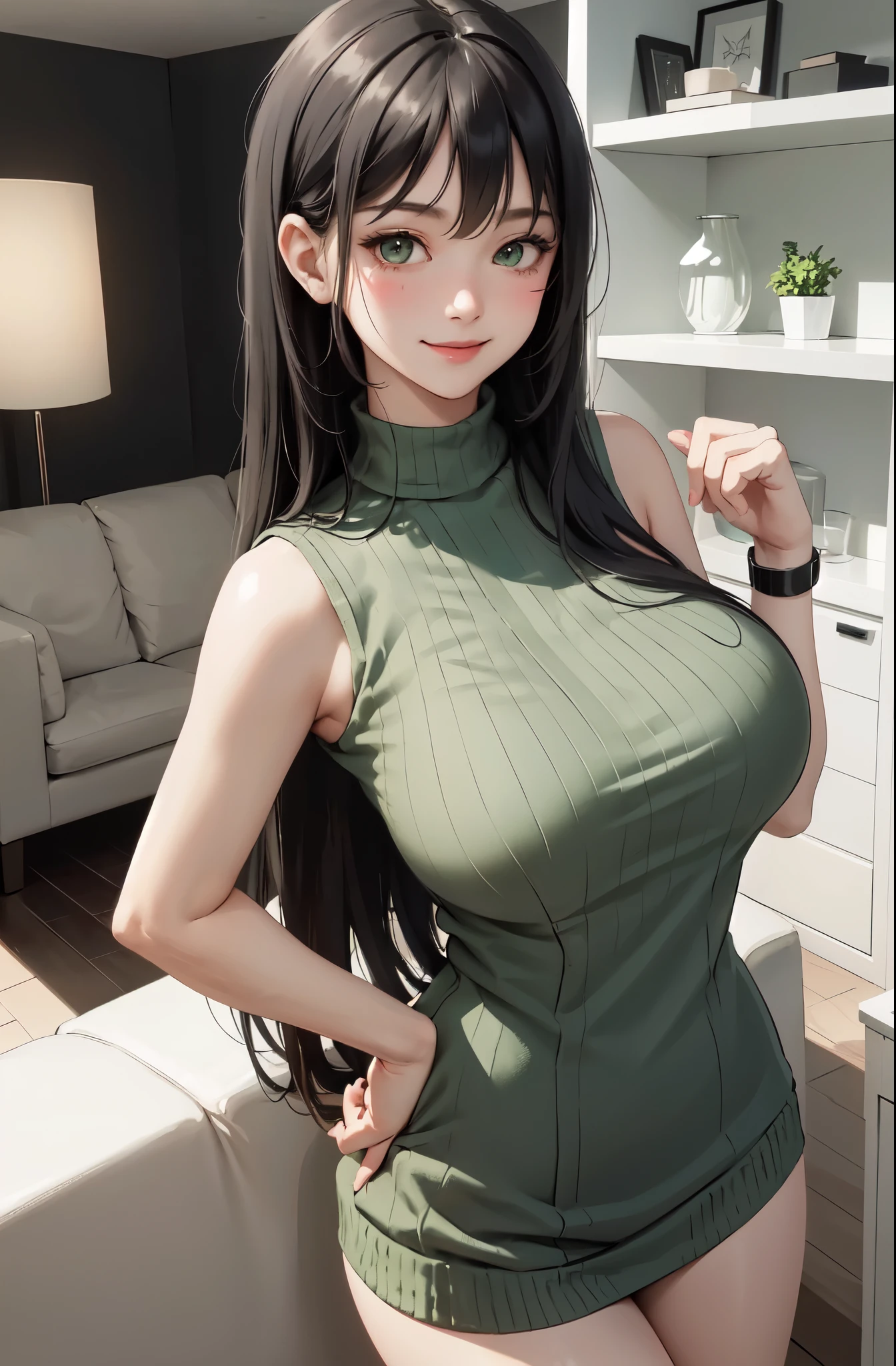 1lady standing, /(sleeveless knitted shirt/), mature female, /(black long hair,green eyes) bangs, blush kind smile, (masterpiece best quality:1.2) delicate illustration ultra-detailed, large breasts BREAK /(modern house living room/)