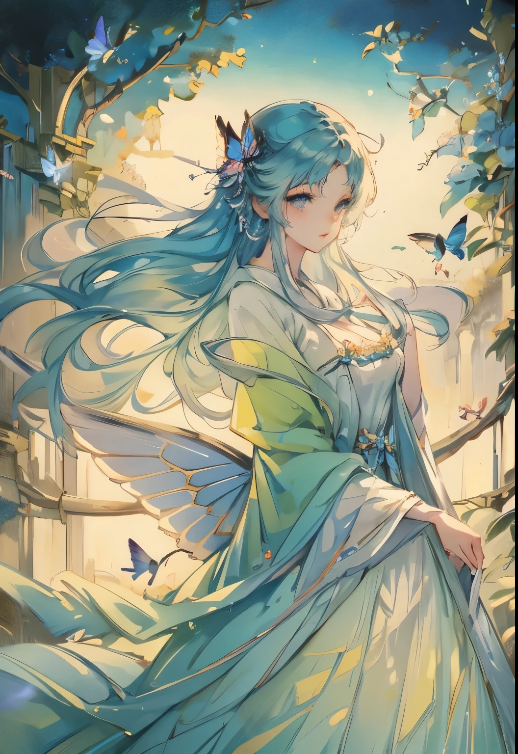 anime girl with butterfly wings and blue dress holding a butterfly, fantasy art style, beautiful character painting, by Yang J, beautiful young wind spirit, beautiful fantasy anime, 8k high quality detailed art, with beautiful wings, beautiful fantasy art, beautiful digital artwork, a beautiful fantasy empress, digital fantasy art ), by Li Song, artwork in the style of guweiz