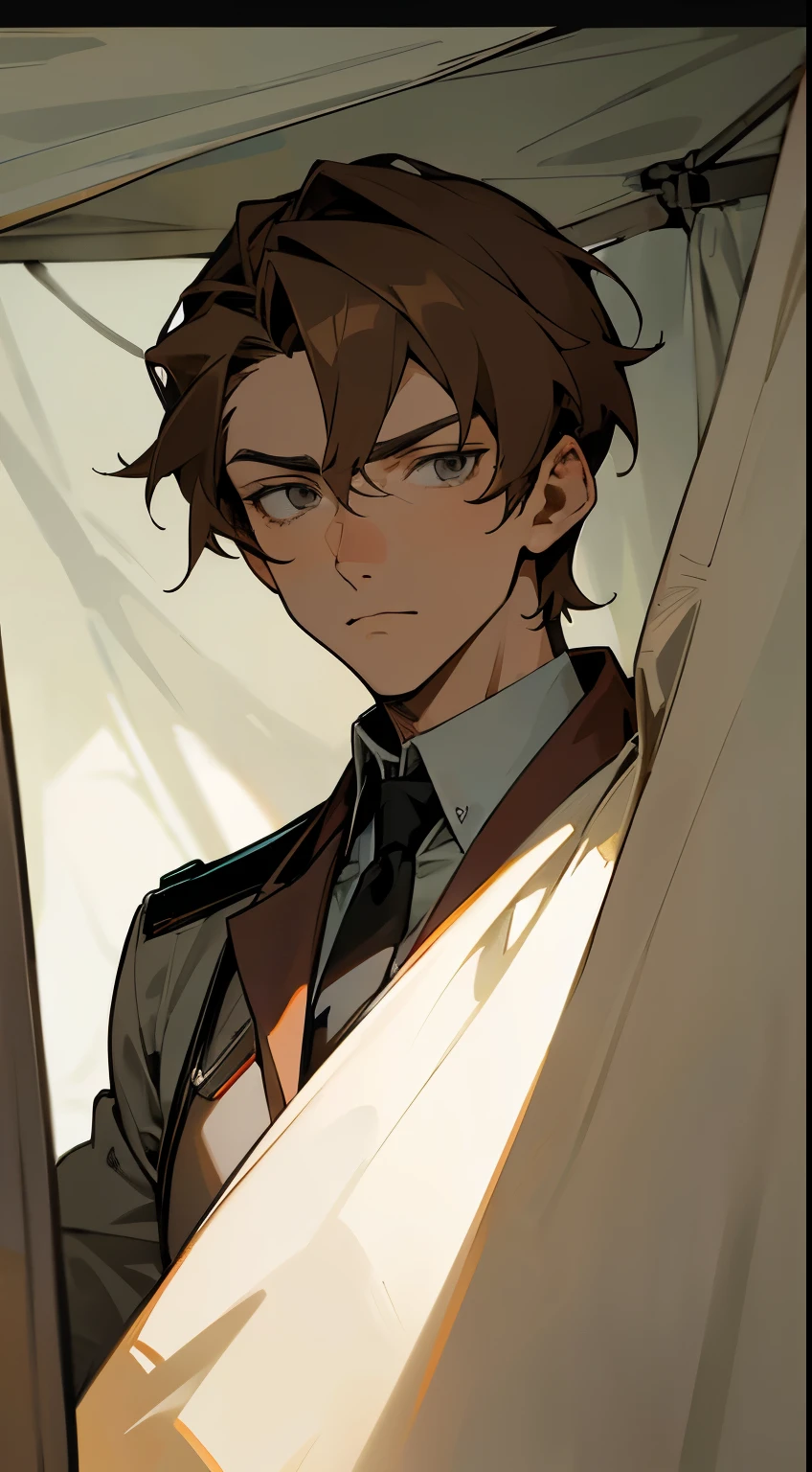 anime male, man, medic, soldier, very light brown hair, grey eyes, serious, handsome, inside a medical tent, dark, the year is 1913