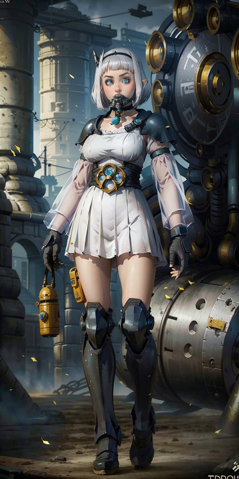 (masterpiece:1.2,high quality), 1girl, ((ultra realistic details)), global illumination, shadows, Unreal Engine, octane render, 8k, ultra sharp, metal, intricate, ornaments detailed, highly intricate details, yellow eyes, (mechanical body:1.2), white hair, (black gas mask), Gear, bob cut, hundreds of wires, Terran, (Robot, android:1.15), Apocalypse, broken buildings, full body, whole body. 1solo (girl). standing, hands on hips full body, whole body. choker, big belt, view from below, feet together, bracers, tiara