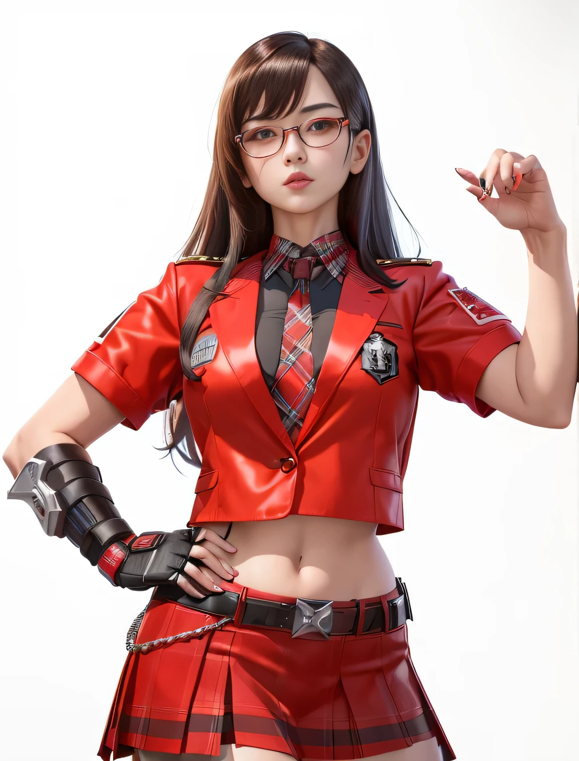 a close up of a woman in a red jacket and red skirt, g liulian art style, tifa, red uniform, portrait of tifa lockhart, [ 4 k digital art ]!!, digital cyberpunk anime art, tifa lockhart, striking detailed artstyle, tifa lockhart portrait, rings asuka iwakura station game, tifa lockheart，masuter piece, best qualtiy, (((realisitic, Photorealsitic:1.37))), ((独奏)), 8K image quality, Extremely delicate and beautiful, splendid, Official art with attention to detail, Ridiculous, Unbelievably ridiculous, huge filesize, ultra-detailliert, ighly detailed, (Petite and cute girl), (detailed girl), extremely detailed eye and face, Beautiful detailed eyes, Light makeup,, (Perfect female figure), (Korean  beauty), ((fullllbody)), ((Put the head in the frame)), Brown hair, With bangs, (Cute little glasses), ((pupils on)), ((Dark red blazer on uniform), ((Miniskirt with tartan check)), (Standing in a classroom), Show pants that raise the skirt with hands,