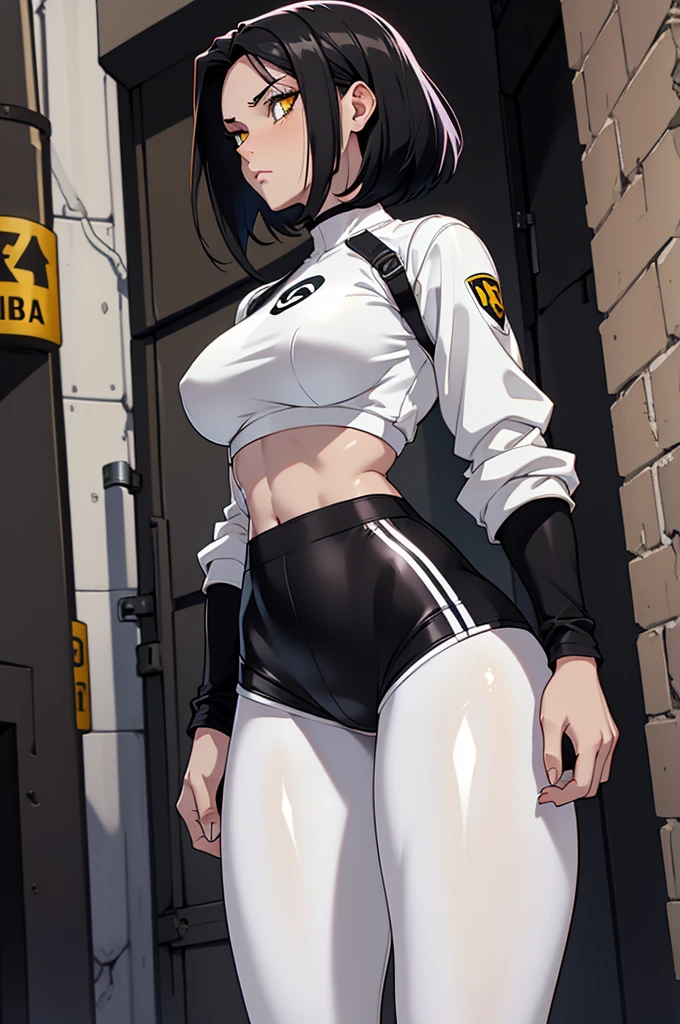 duas cores de cabelo, cabelo preto e branco dos ladoscabelo colorido, cabelo branco e preto colorido 1 girl, two-tone hair, black on top, white on bottom 1 gilr, ,perfect anatomy girl muscular girl toned body girl large breasts girl thick girl angry girl best quality girl black hair girl yellow eyes girl pale girl pale girl,beautiful woman brunette, muscular, wearing short leggings withe, black tights, short hair, beautiful eyes, beautiful, yellow eyes, white shirt, black leather jacket, shorts, short white leggings, dark alley city black pantyhose, two-tone hair, black on top, white on bottom