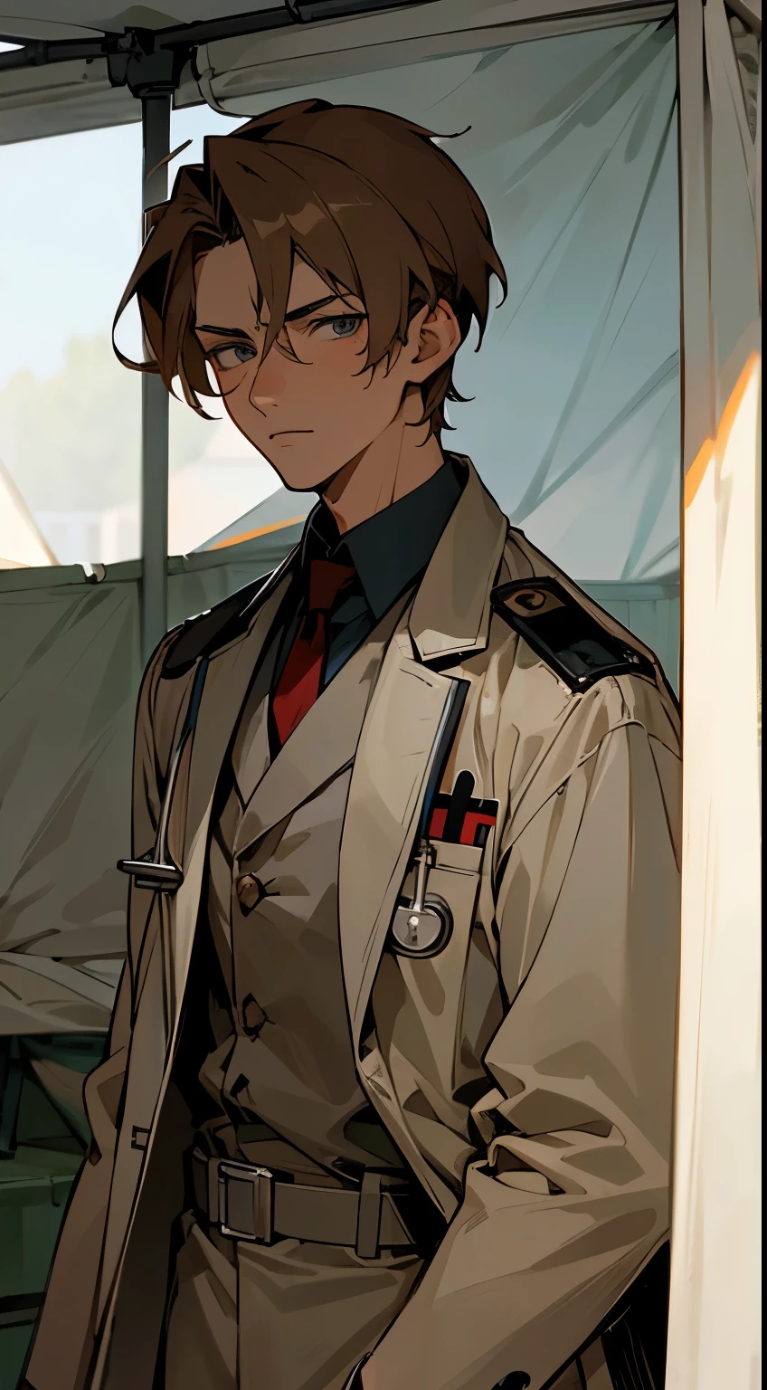 anime male, man, medic, soldier, very light brown hair, grey eyes, serious, handsome, inside a medical tent, dark, the year is 1913