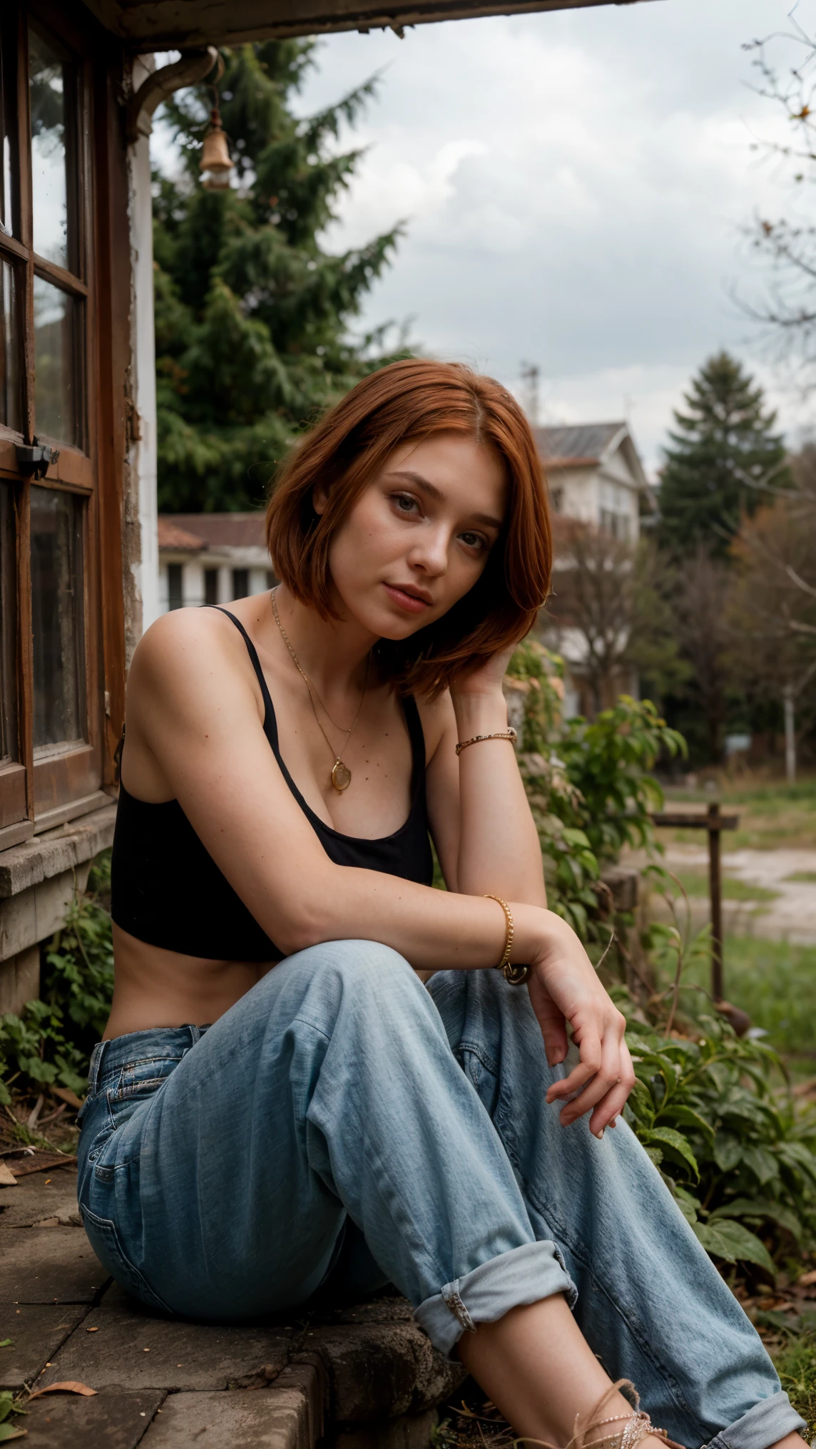 (perfect lighting, Perspectiva perfeita, 8k raw,Russian girl, Russian traits, natural red hair,1girl, maxilar bonito, Alto detalhado, peitos perfeitos, realistic, 8k raw,rosto detalhado, Red hair, olhando para o espectador, jewelry, (franja) sardas (olhos azuis) cabelo curto, corpo inteiro, short hair style, short red hair style) garden with old building, Black crop tops, jeans, abandoned house and trees, sitting on the stairs of the abandoned house, bracelet, apocalypse mood, abandoned forest, miscellaneous views, sorrindo,