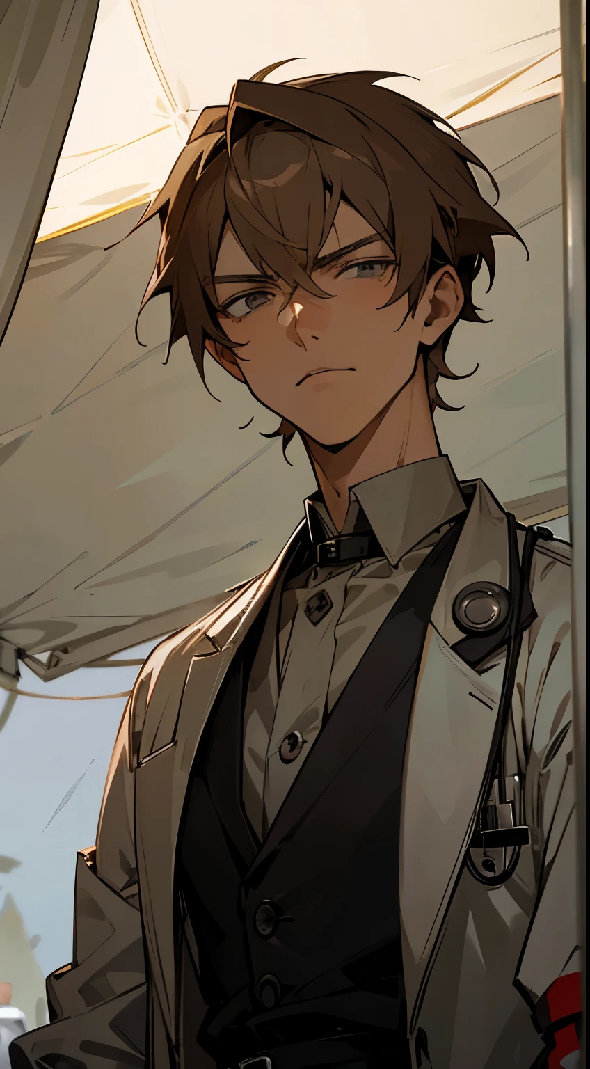 anime male, man, medic, soldier, very light brown hair, grey eyes, serious, handsome, inside a medical tent, dark, the year is 1913