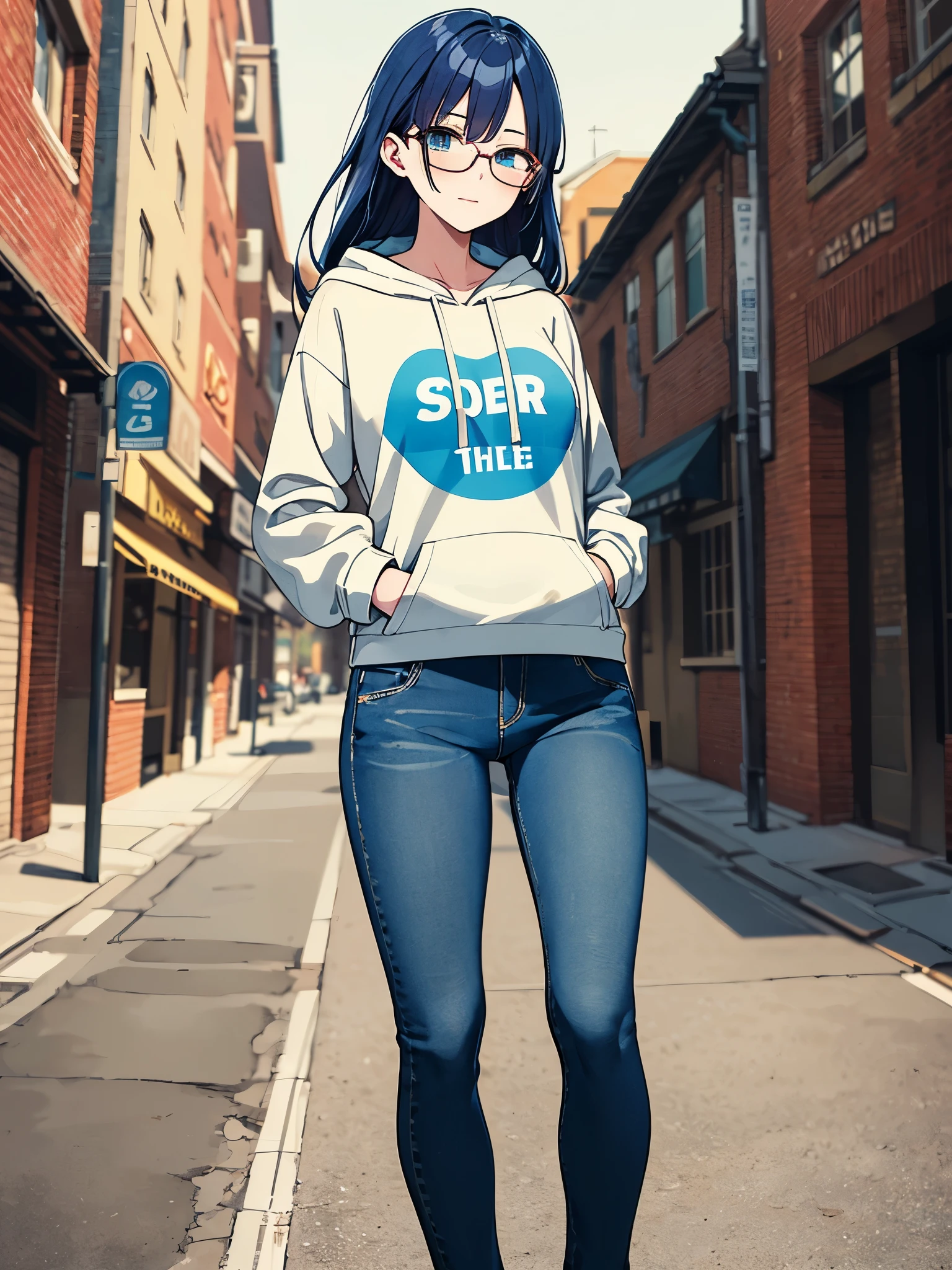 (masterpiece:1.3), (the best quality:1.2), (super fine illustrations:1.2), (Masterpiece), high quality, high detail, ((unparalleled masterpiece, best quality, perfect artwork)),
noon city, cleveland backdrop, university backdrop
1girl, solo focus, long hair, medium breasts size, blue hair, green eyes, glasses, looking at viewer,
{hands hidden}, {{{hands in pockets}}},{{hands in sleeves}}
hoodie, jeans, make hands close, full body shot
blue sky,
very wide shot, {{only five fingers}}