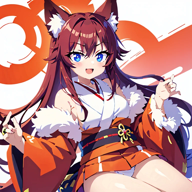 girl,animal ears,Crimson hair,Colored sclera,White skin,fox ears,狐狸girl,狐狸Tail,fur,kimono,fox demon,long hair,Miko,Doobi,Open your mouth,红色kimono,belt,Smile,Tail,ring,Eye,Checkered shirt,apron,brown hair,petite,cute,Crimson hair,naïve,squint,The background is sunlight