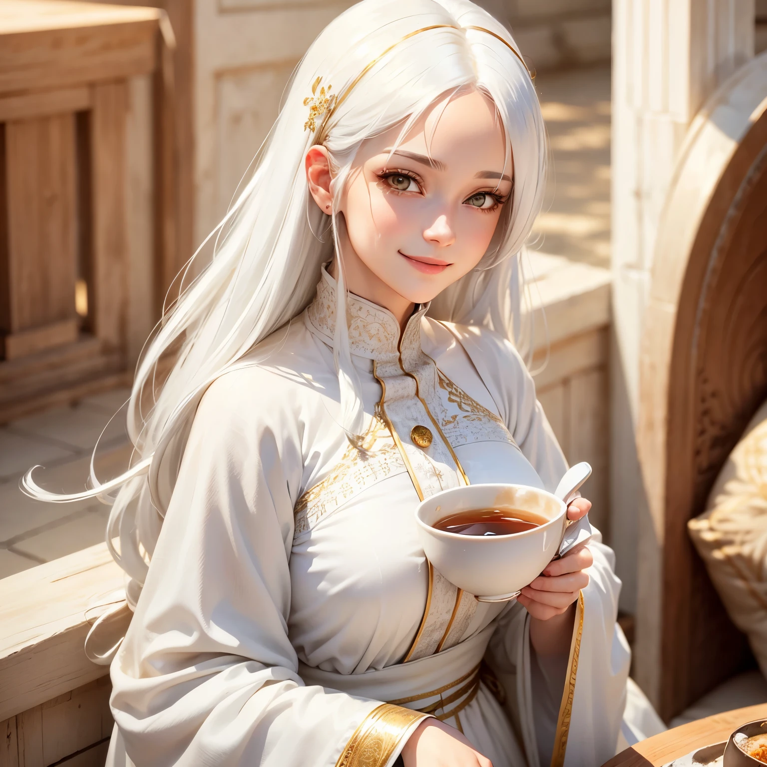 best quality, white hair, gold eyes, white clothes, looking up, upper body, hair strand, Fair skin, smiling, she is drinking tea