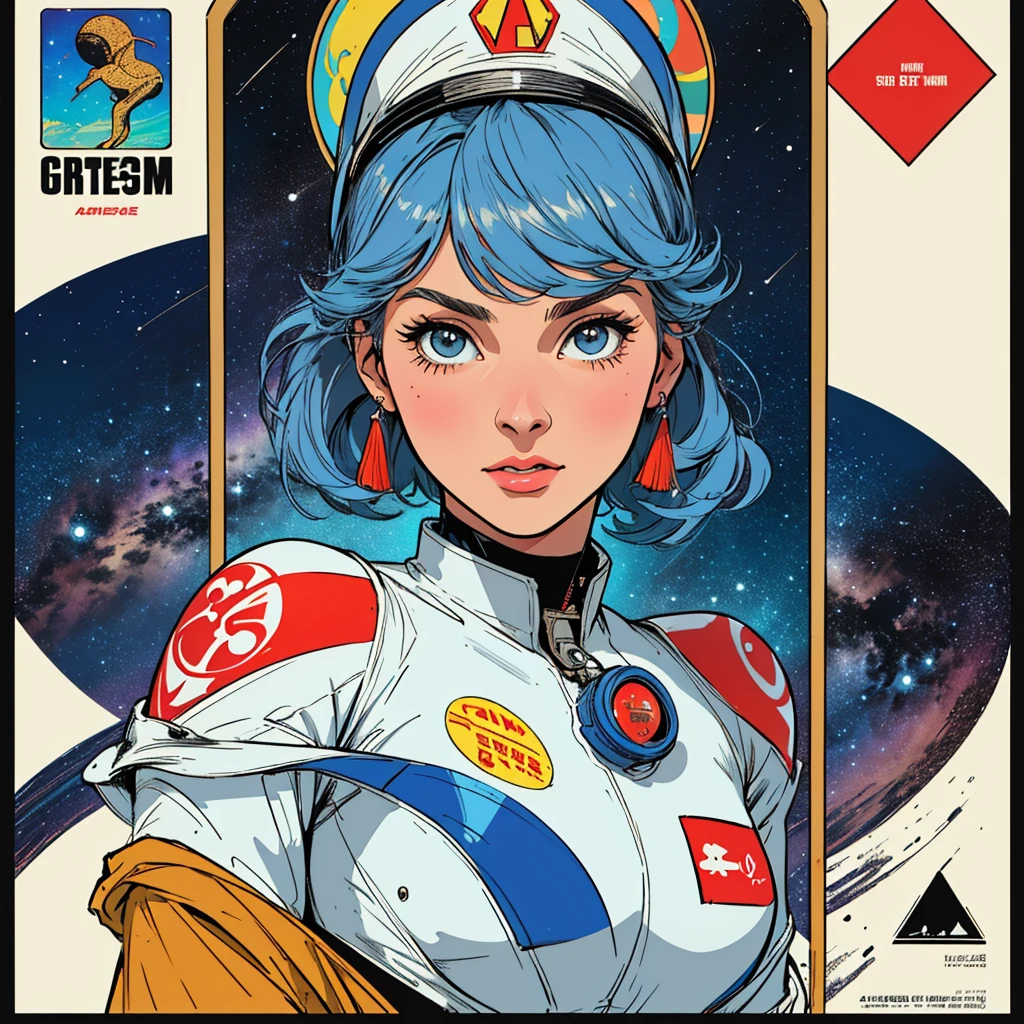(((highest quality))),masterpiece,1 woman,((the perfect person)),((Super beautiful woman)),detailed perfect face,retro,vintage,classic,60's,70's,80's,old movie posters,abstract,((スペーススリラーmovie poster)),(Futuristic),Geometric pattern,very delicate,movie poster_white frame,universe,Milky Way,planet,,propaganda,universe飛行士,breast enhancement,
