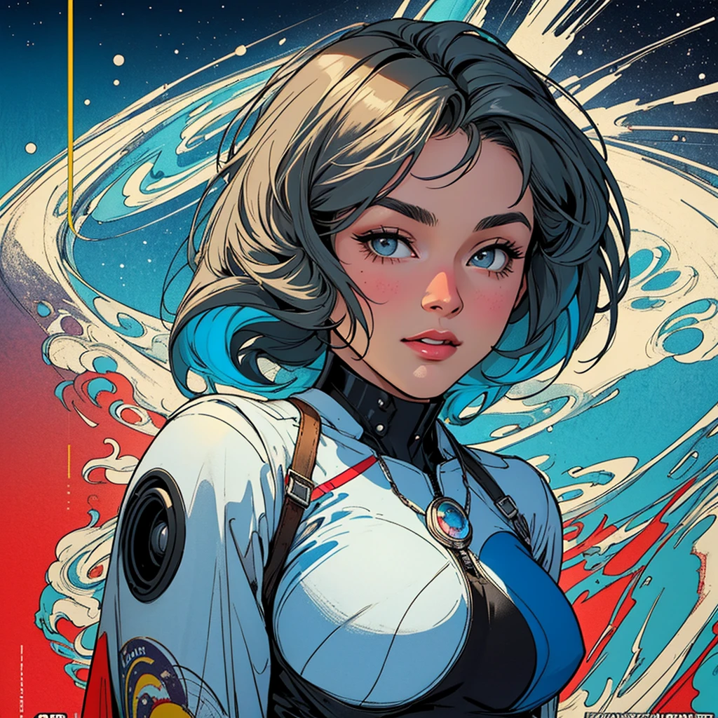 (((highest quality))),masterpiece,1 woman,((the perfect person)),((Super beautiful woman)),detailed perfect face,retro,vintage,classic,60's,70's,80&#39;s,old movie posters,abstract,((スペーススリラーmovie poster)),(Futuristic),Geometric pattern,very delicate,movie poster_white frame,universe,Milky Way,planet,,propaganda,universe飛行士,breast enhancement,