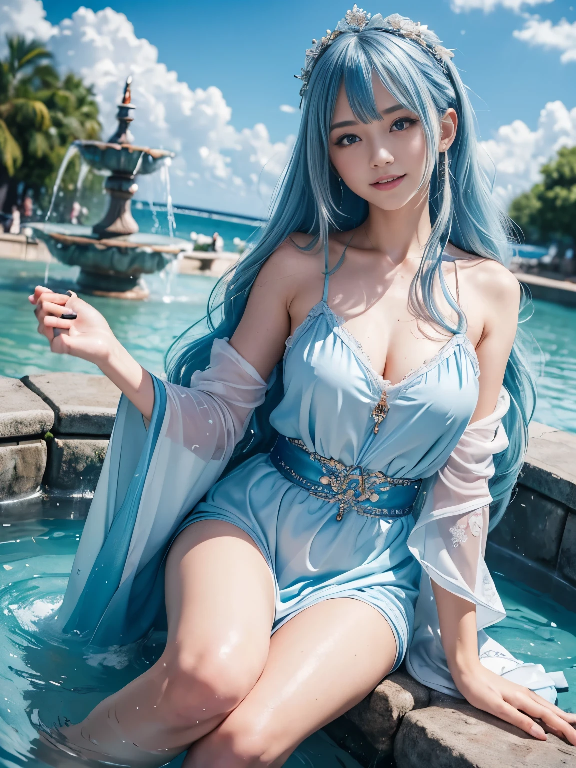 (masterpiece、8K、Super detailed、highest quality:1.5),((very cute)),best image quality,1 woman,Two-dimensional beauty,(long hair,sky blue hair,Sky blue eyes:1.3),(beautiful water world,Mystical Fountain,beautiful blue water:1.3),(She wears sea-colored and white robes all over her body.),(silver hair ornament),No sleeve,sitting on one&#39;s knees,smile,beautiful detailed hands
