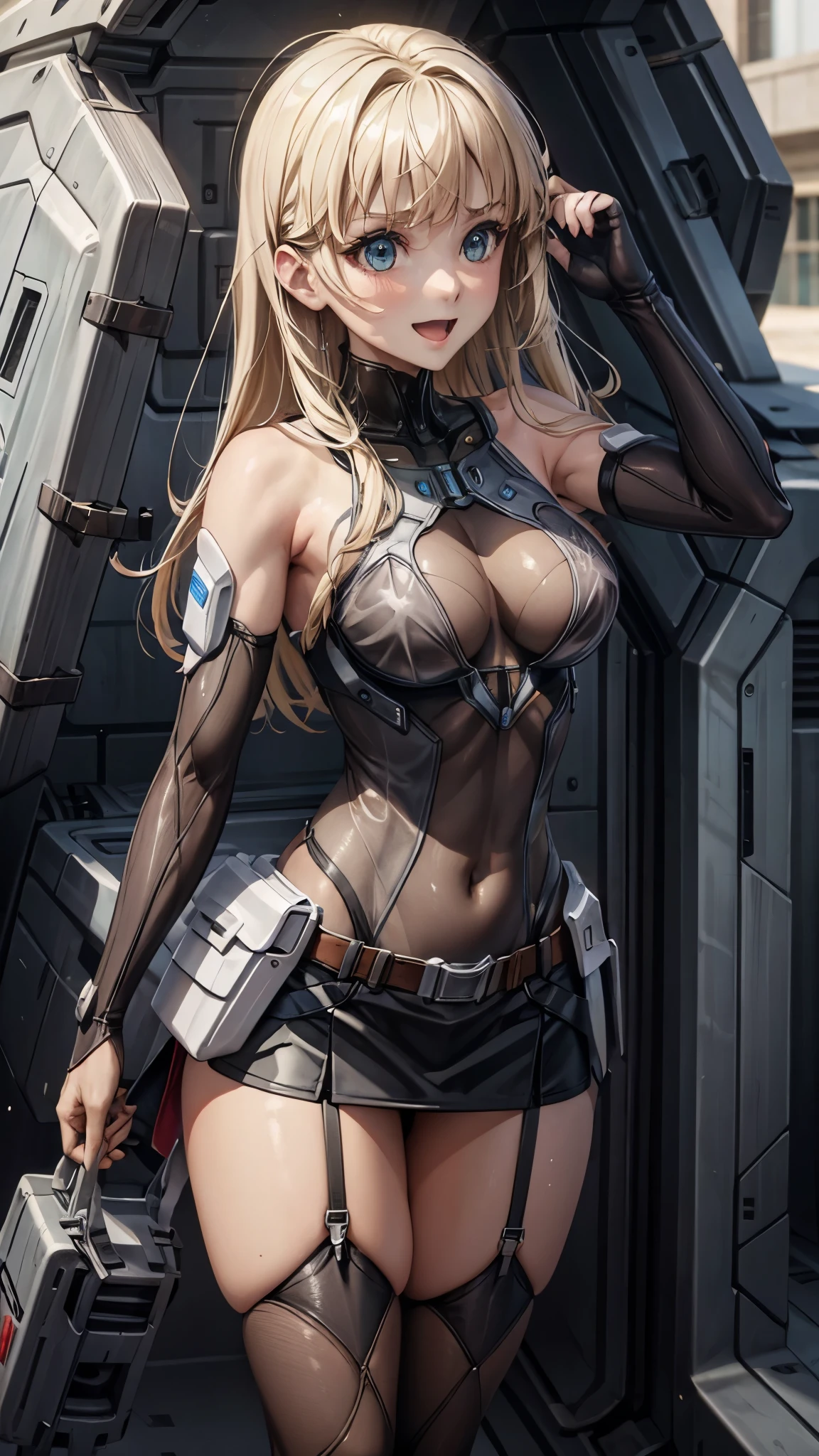 woman,20-year-old,,city,night,((white tight miniskirt bodysuit)),(Harada Makoto),open mouth smile,(((See-through))),((blonde)),long hair