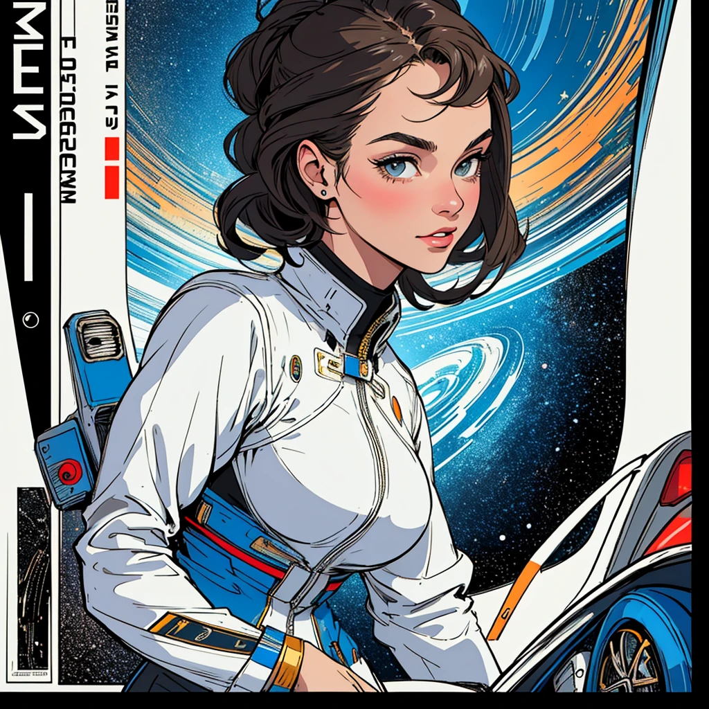 (((highest quality))),masterpiece,1 woman,((the perfect person)),((Super beautiful woman)),detailed perfect face,retro,vintage,classic,60's,70's,80's,old movie posters,abstract,((スペーススリラーmovie poster)),(Futuristic),Geometric pattern,very delicate,movie poster_white frame,universe,Milky Way,planet,,propaganda,universe飛行士,breast enhancement,