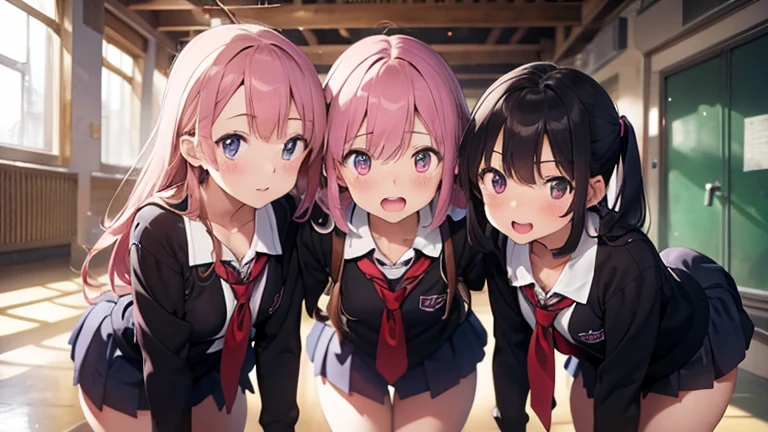 mastute piece,Best Quality,insanely detailed,
3girl,3girls line up,3girls on all-fours,3girls raise butts,3girls look at front,side by side,(school uniform,breasts out,no skirt,no bra,no panties,bare breasts),blush,shy,all girls pink hair,perfect breasts,open mouth,school hallway,
1boy,boy stands behind girls,boy spread arms,