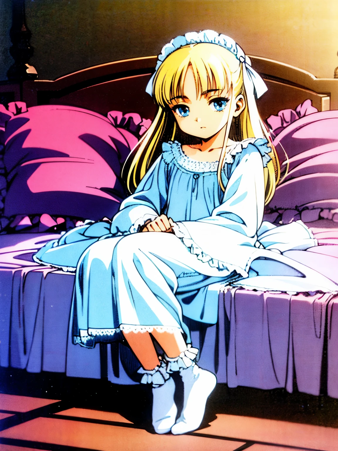 highest quality, masterpiece, highest resolution, artwork, super get used to it, many become familiar with, become familiar with, get used to it,change,(Loli),girl, ((((10 years old)))),european,Blonde long hair,blue eyes,night wear,((((white nightgown)))),((フリルとリボンの付いたwhite nightgown)),((1920 style nightgowns)),((Nightcap with frills and ribbon)),victorian nightgowns,Yoke collar with ruffles and ribbons,Long sleeves with ruffles,Long skirt up to the ankle,((The whole body is reflected)),Before bedtime,on the bed,Fluffy futon,Fluffy pillow,White ruffled socks,