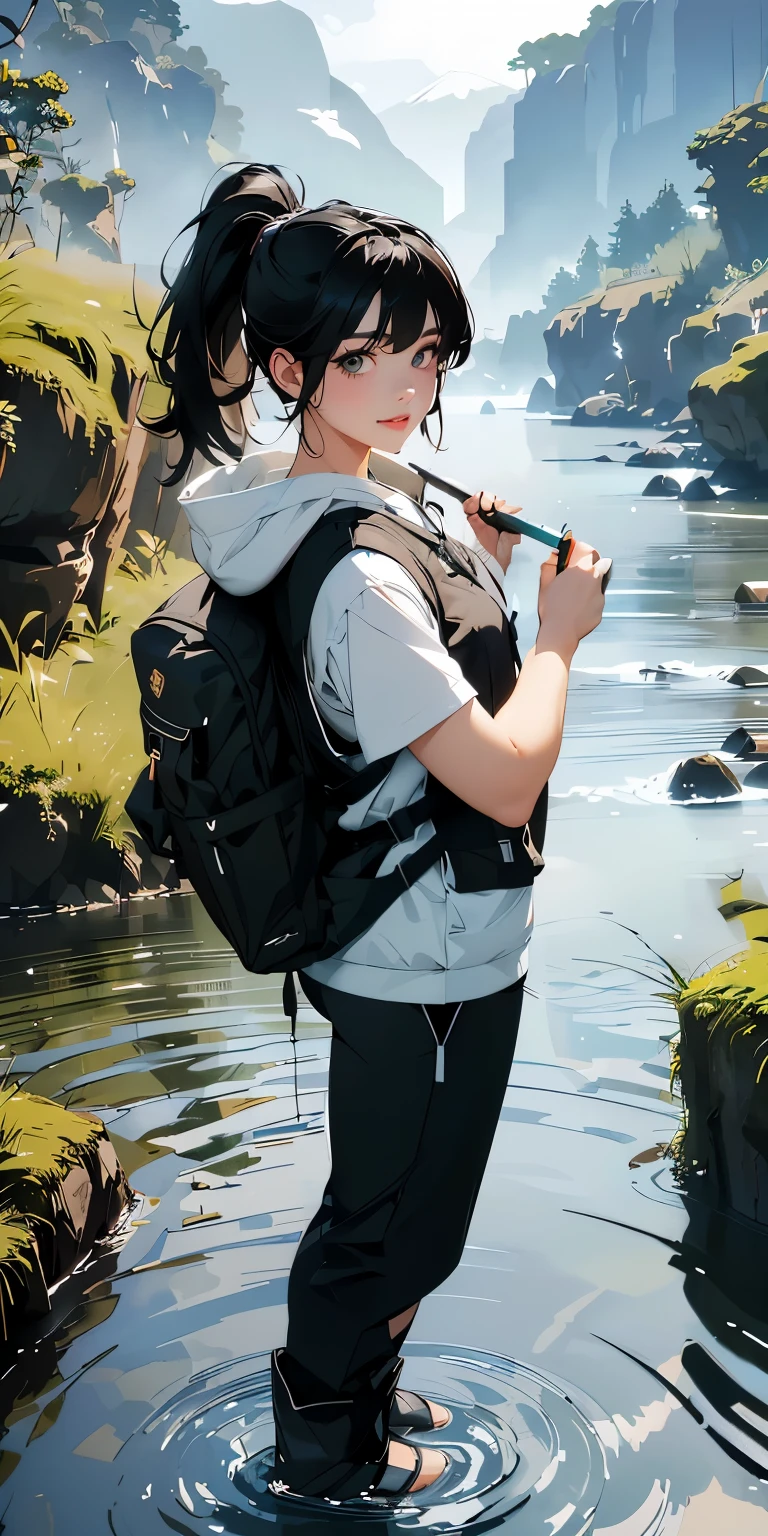 masterpiece、High resolution 8K、sharp focus、contrast lighting、ultra high resolution、ultra high resolution、Detailed CG、Low - Angle、full body shot、Beautiful woman、beautiful eyes、(detailed face and iace:1 2)、narrow eyes、almond eye、brown eyes、gradation eye、highlight:1.2)、(beautiful black hair、middle、asymmetrical bangs、high top fade、ponytail、(plump lips、glossy lips、small chest size) 、(oval face : 1.4)、(thin fingered arms、detailed human hand)、川でWoman Fishing、Beautiful and wide river、Flowing waterfall、rock surface、moss、forest、Mont、blue sky、Flowing clouds、vapor、mist、full body pose、Holding a fishing rod in your hand、Fishing lure rod、Outdoor Vest、hoodie、Waders、Long pants for fishing、Big backpack)、Have a long fishing rod、hold the fishing rod facing the water、Woman Fishing、mischievous smile、teeth visible、Angle from the front、Standing in the river