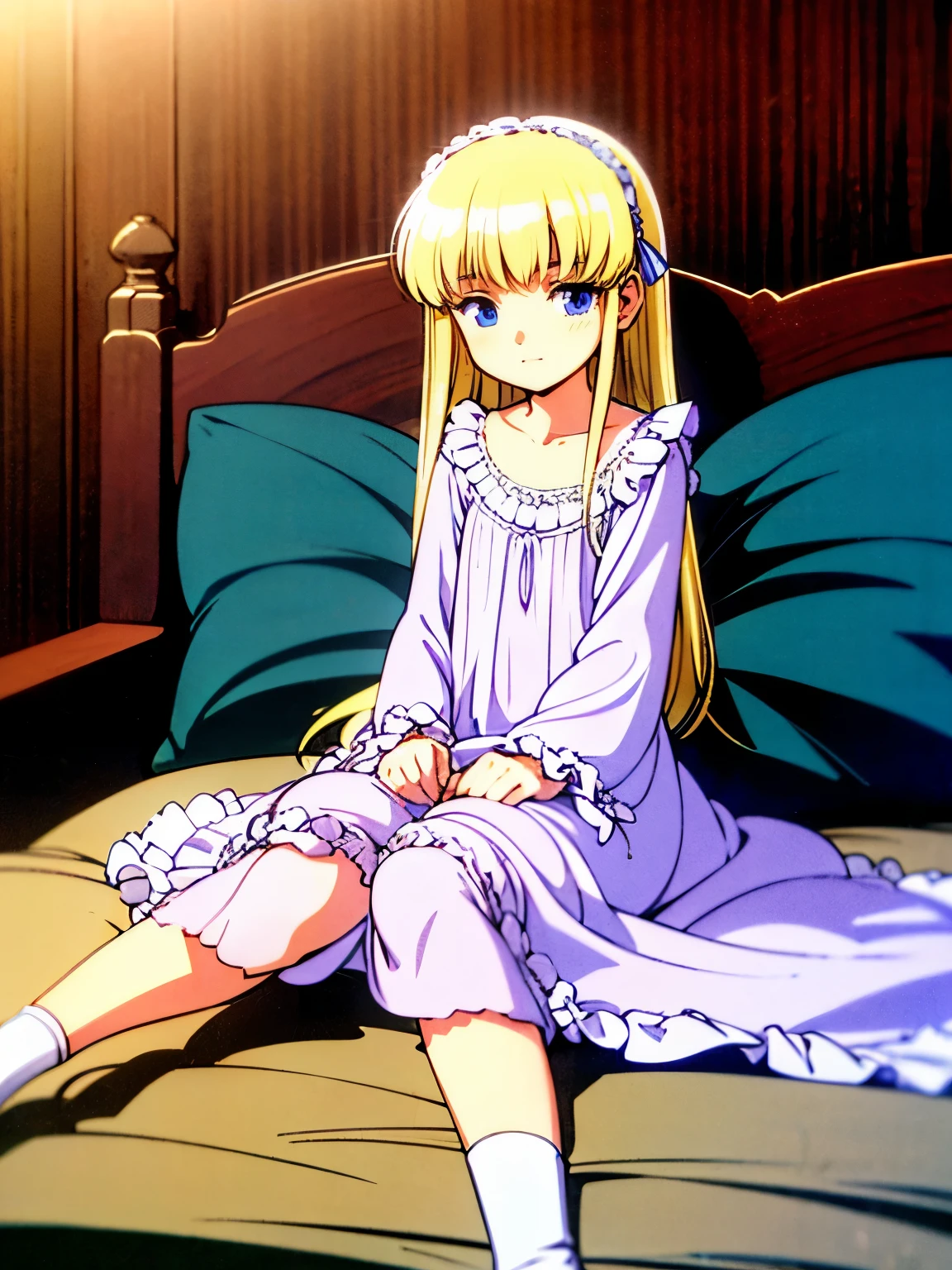 highest quality, masterpiece, highest resolution, artwork, super get used to it, many become familiar with, become familiar with, get used to it,change,(),girl, ((((10 y,european,Blonde long hair,blue eyes,night wear,((((white nightgown)))),((フリルとリボンの付いたwhite nightgown)),((1920 style nightgowns)),((Nightcap with frills and ribbon)),victorian nightgowns,Yoke collar with ruffles and ribbons,Long sleeves with ruffles,Long skirt up to the ankle,((The whole body is reflected)),Before bedtime,on the bed,Fluffy futon,Fluffy pillow,White ruffled socks,