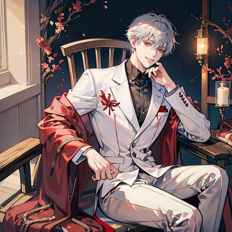 Gray haired anime man sitting on a chair,red eyes,Put your hands on your face, white and red blazer, handsome anime pose, a silver haired mad, Tall anime guy with red eyes,grin,Nihilistic smile