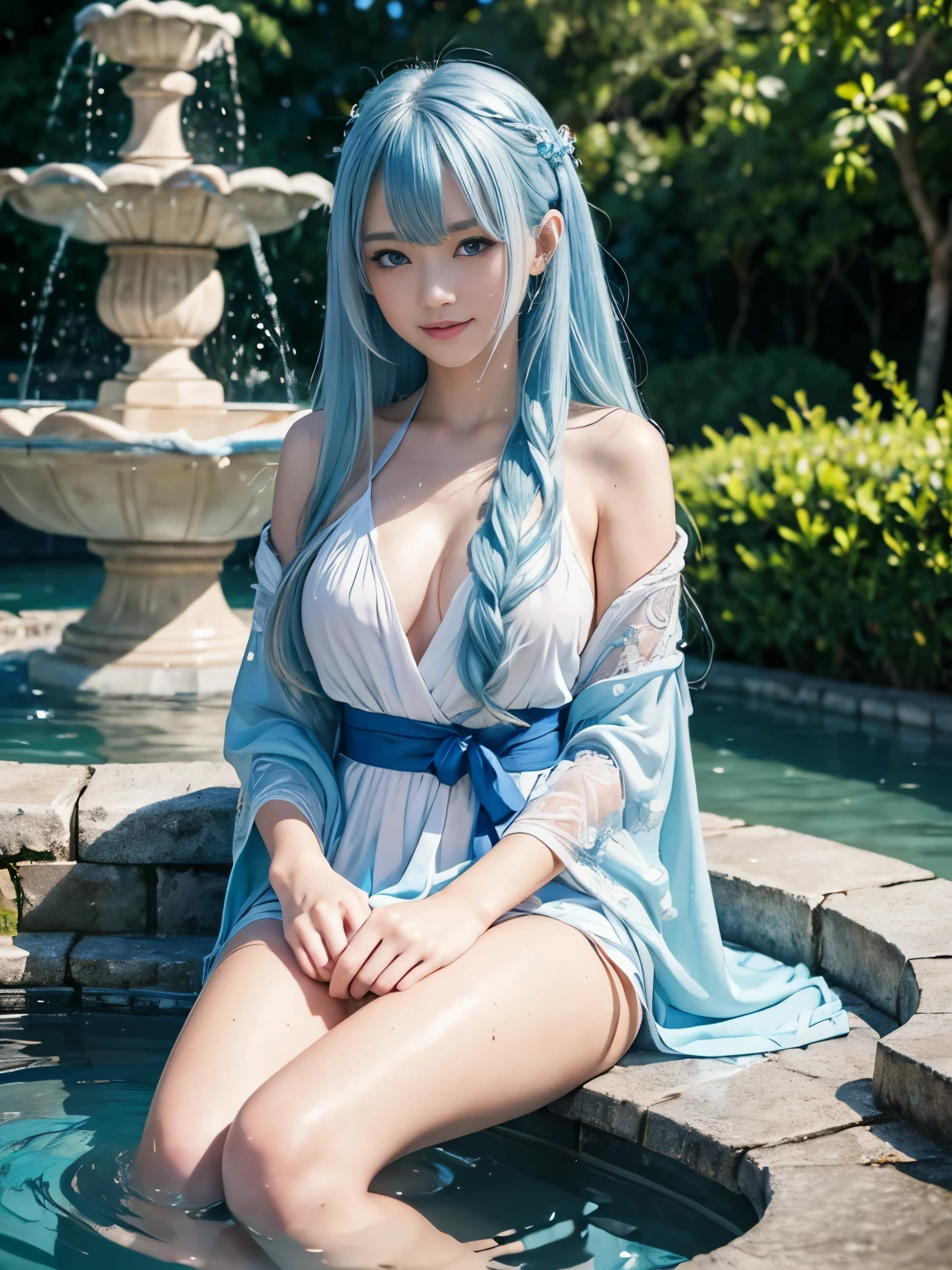 (masterpiece、8K、Super detailed、highest quality:1.5),((very cute)),best image quality,1 woman,Two-dimensional beauty,(long hair,sky blue hair,Sky blue eyes:1.3),(beautiful water world,Mystical Fountain,beautiful blue water:1.3),(She wears sea-colored and white robes all over her body.),(silver hair ornament),No sleeve,sitting on one&#39;s knees,smile,beautiful detailed hands
