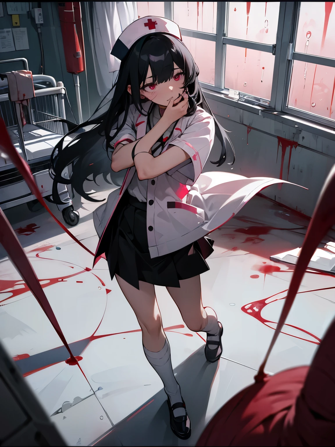 Blood droplets、blood、Internal organs、hospital、白と黒のnurse uniform、Bandages on both arms、Bandage on the leg、have a knife、cadaver、impatient face、be bothered、panic、hospitalの中、hospital room、desolation、window、black hair、pink eyes、long hairBlood droplets、blood、Internal organs、hospital、long hair、Let your hair down、disheveled hair、20-year-old、anxiety、panic、black and white short skirt、nurse uniform、aldult、kind、Blood droplets、short bangs、adult