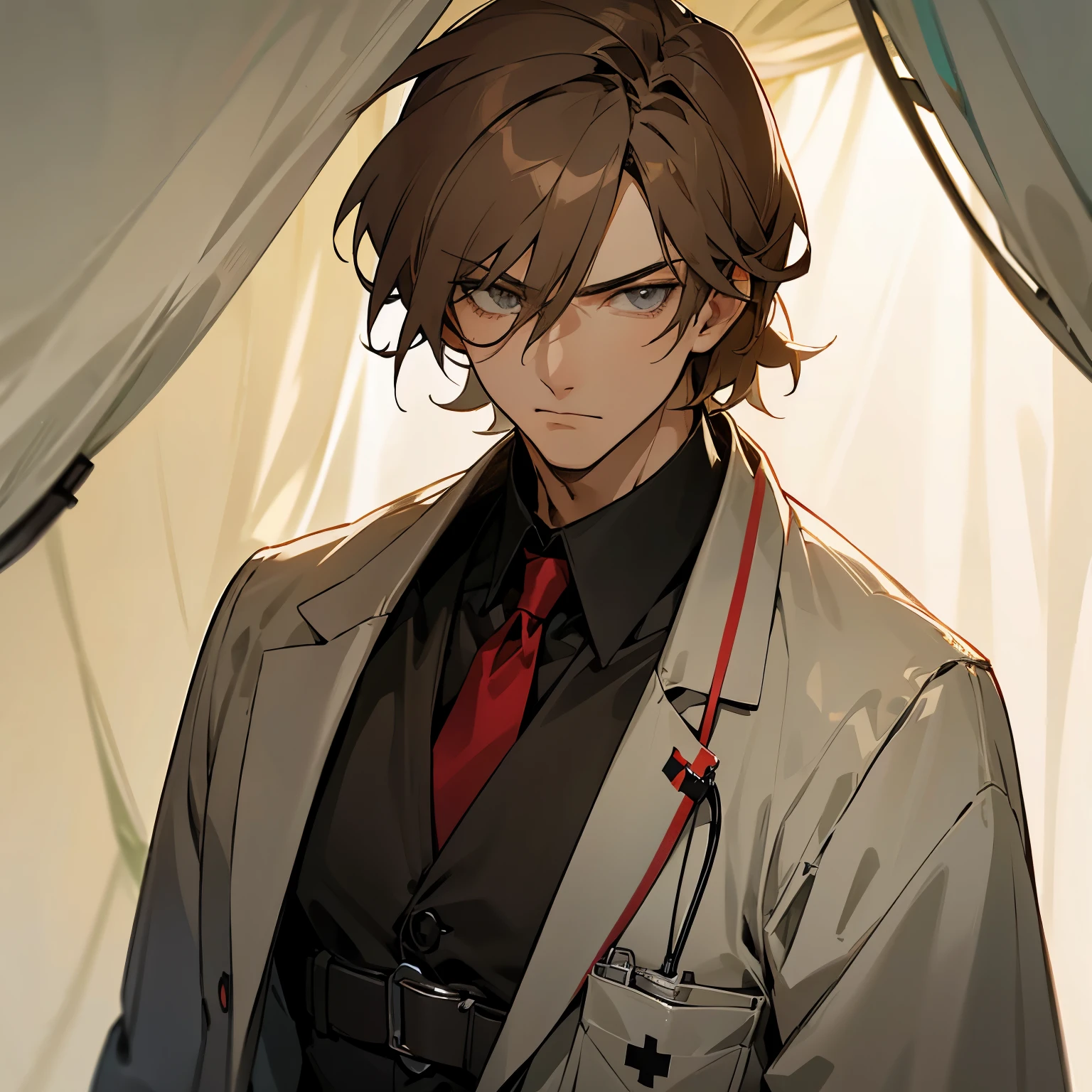 anime male, man, medic, soldier, very light brown hair, grey eyes, serious, handsome, inside a medical tent, dark, the year is 1913