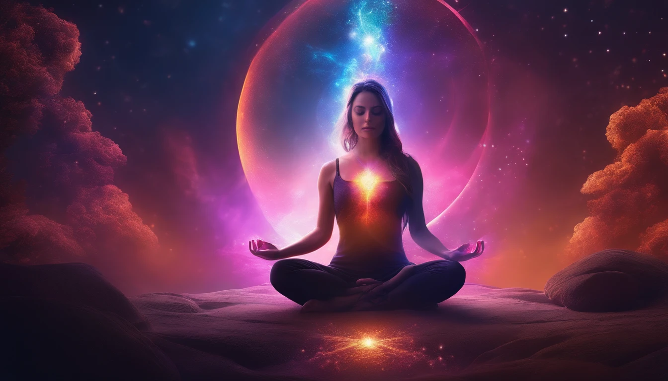 a pregirl,Meditate cross-legged, at centre,Very bright colors, Light particles, with light glowing, Mshiv, wallpaper art, UHD wallpaper