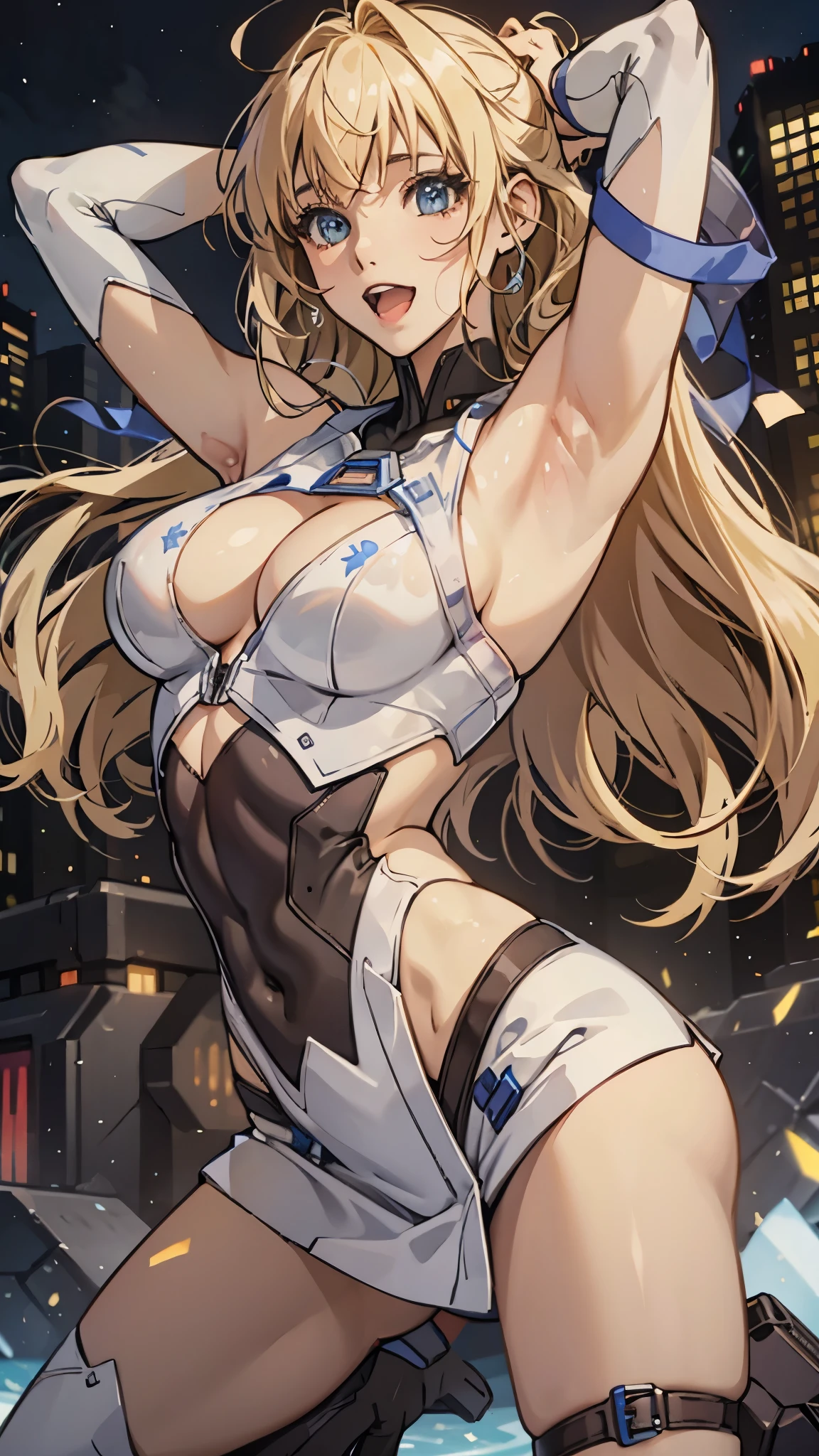 woman,20-year-old,,city,night,((white tight miniskirt bodysuit)),(Harada Makoto),open mouth smile,(((See-through))),((blonde)),long hair