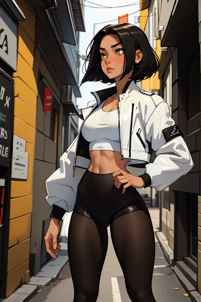 duas cores de cabelo, cabelo preto e branco dos ladoscabelo colorido, cabelo branco e preto colorido 1 girl, two-tone hair, black on top, white on bottom 1 gilr, ,perfect anatomy girl muscular girl toned body girl large breasts girl thick girl angry girl best quality girl black hair girl yellow eyes girl pale girl pale girl,beautiful woman brunette, muscular, wearing short leggings withe, black tights, short hair, beautiful eyes, beautiful, yellow eyes, white shirt, black leather jacket, shorts, short white leggings, dark alley city black pantyhose, two-tone hair, black on top, white on bottom