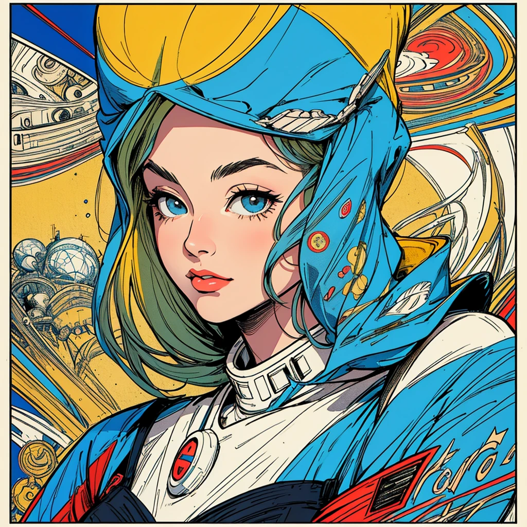 (((highest quality))),masterpiece,1 woman,((the perfect person)),((Super beautiful woman)),detailed perfect face,retro,vintage,classic,60's,70's,80's,old movie posters,abstract,((スペーススリラーmovie poster)),(Futuristic),Geometric pattern,very delicate,movie poster_white frame,universe,Milky Way,planet,,propaganda,universe飛行士,breast enhancement,