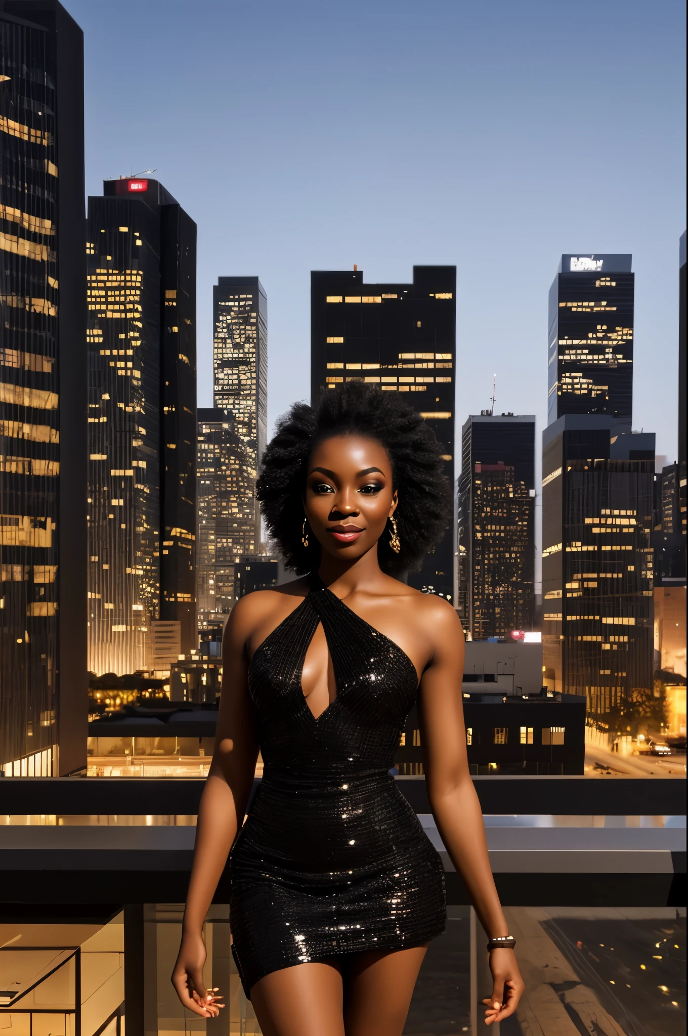 A SEXY African woman, embodying modern beauty, adorned in chic ebony attire, set against a backdrop of city lights and contemporary architecture, radiating confidence and allure