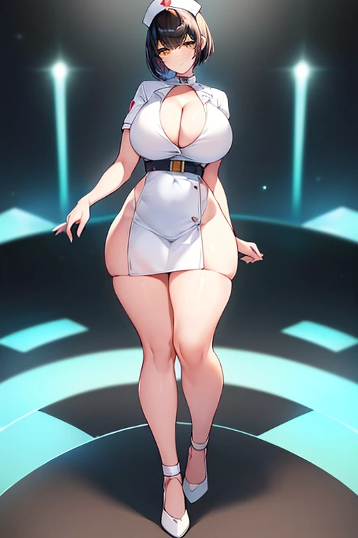 1girl, nurse, black hair, very short hair, white clothes, yellow eyes, large breasts, thick thighs, pixie cut, cleavage, light smile, wide hips, full body, ((full body)), standing