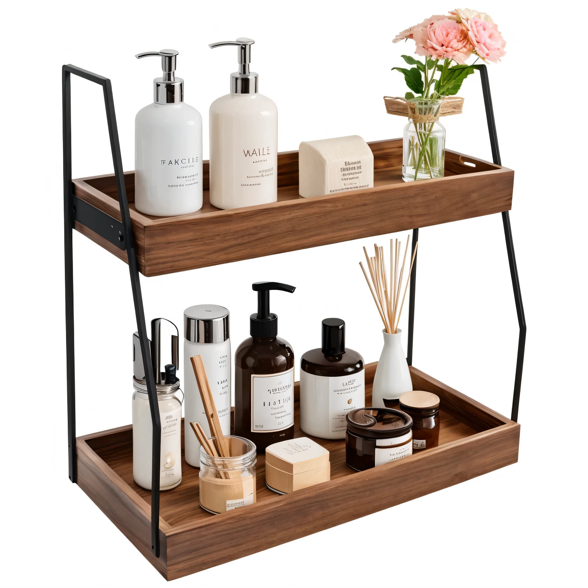 there is a wooden shelf with a lot of different items on it, product display, simple wood shelves, designed for cozy aesthetics!, shelf, product introduction photo, shelves, catalog photo, on a wooden tray, set against a white background, professional product photo, bottom angle, product photo, carrying a tray, large jars on shelves, set photo, alter, clay