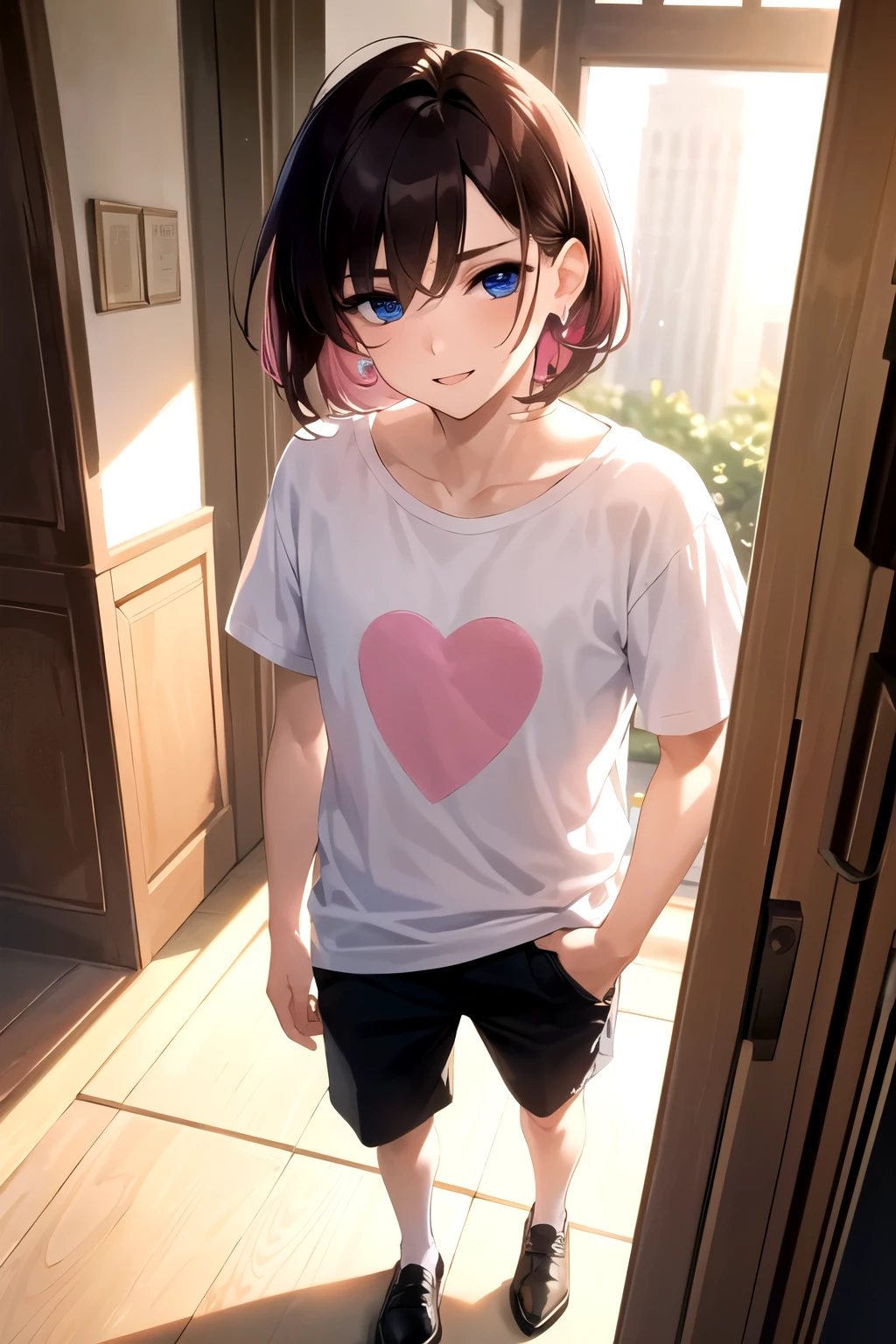 masterpiece, portrait, aesthetic, , (short hair), full body, big blue eyes and petal-soft lips, fluffy medium-long brown hair with red tips, pink with a heart-shaped gemstone on the right ear Earrings, high quality, full body, medium shot, ((men's T-shirt)), beautiful clothing, professional perspective, small breasts, 18 years old, daytime, dramatic light, facing the future, ((happy)), (bold makeup) , eyeliner, medium bust, (squinting), fair skin, (the background is a middle school dormitory)