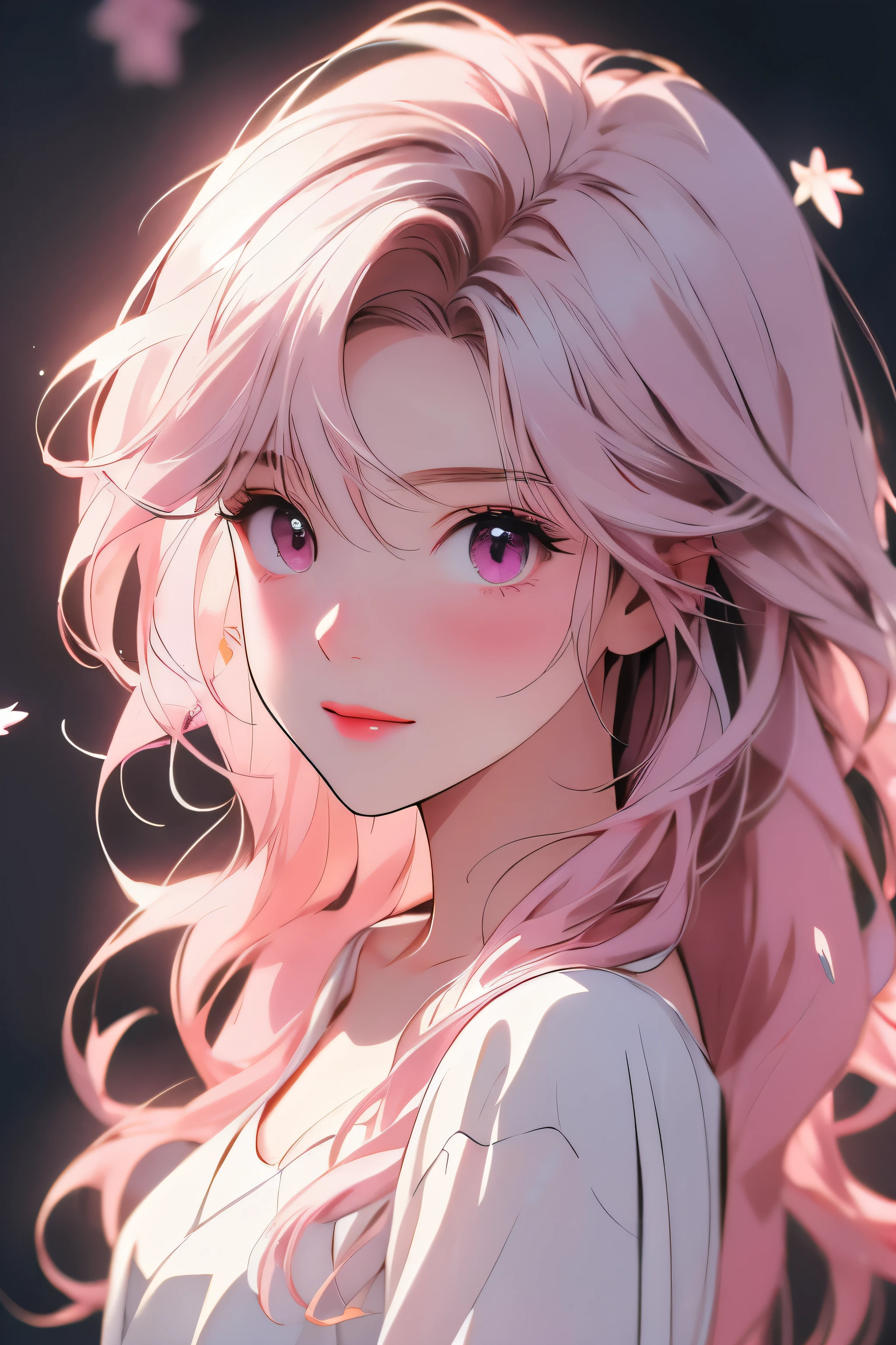 Light pink hair, pink eyes, pink and white, sakura leafs, vivid colors, white dress, paint splash, simple background, ray tracing, wavy hair