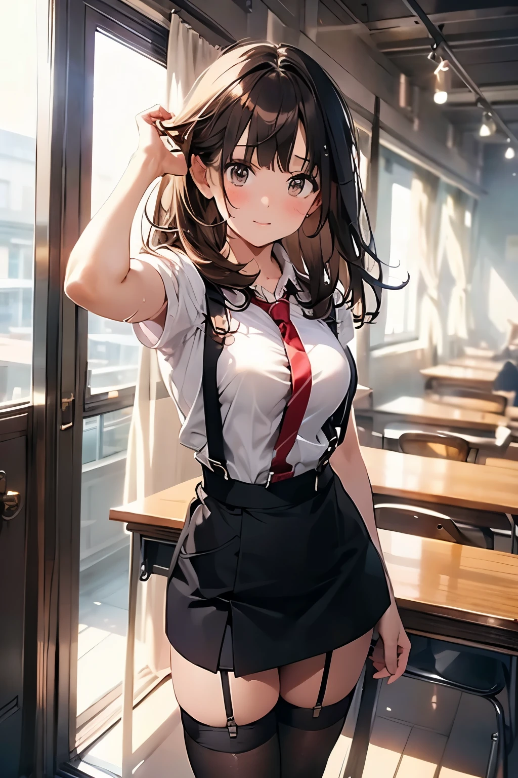 brown hair、looking at the viewer suspenders Bulging big breasts Black miniskirt garter belt knee high socks Gaze small face bangs Beauty hands up Gaze black boots provocation armpit sweat one person put your hands behind your back cutter shirt Panty shot