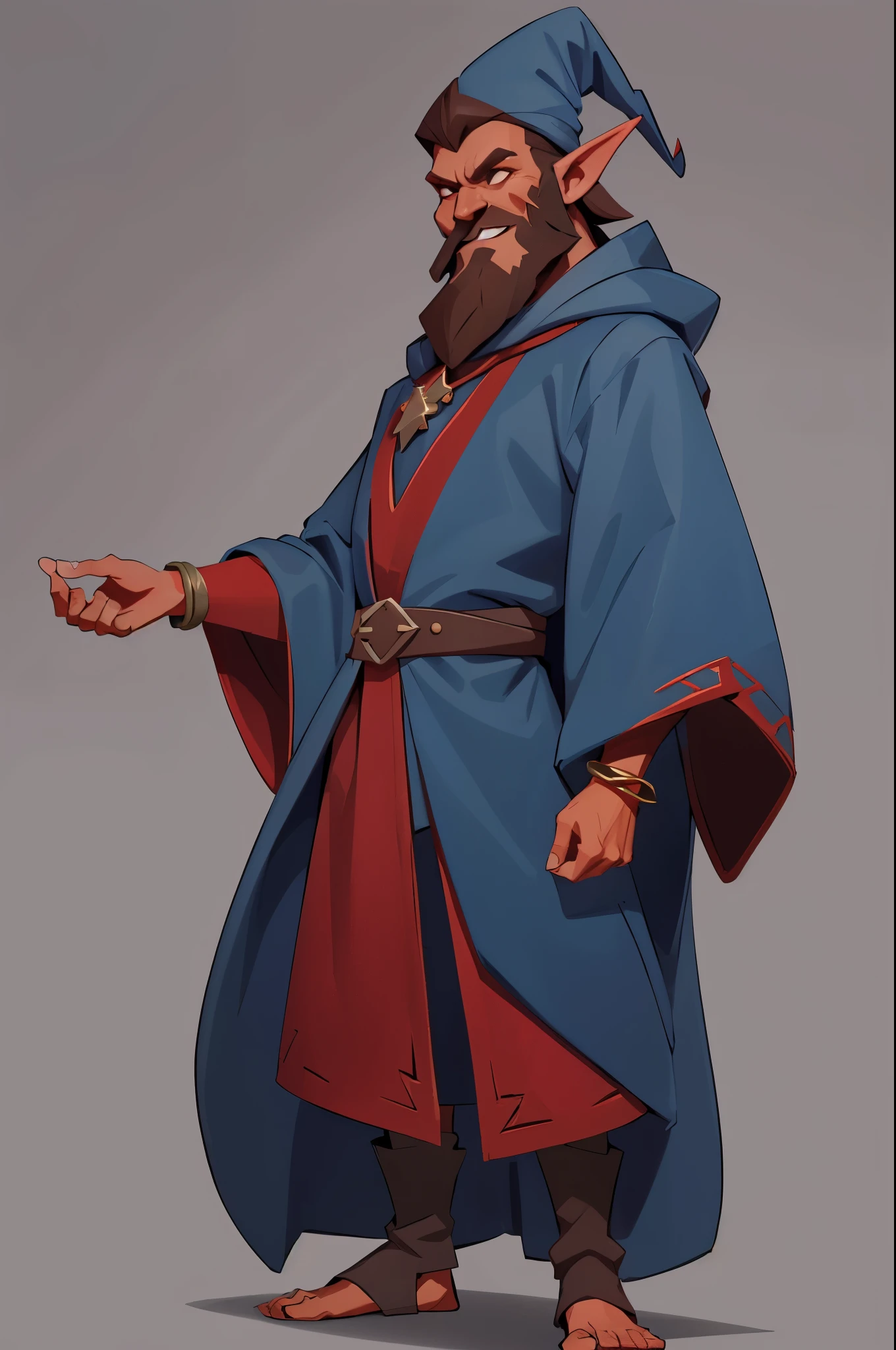 1boy, goblin ((RED skin)), pointed ears, broad nose, ((DARK BROWN BEARD)), wearing wizard robe (blue), pointed cap (red), mstoconcept art, european and american cartoons, game character design, solo, BACKGROUND, GRAY BACKGROUND, WIZARD, FULL BODY, STANDING, SMILING, ROBE, HOOD, JEWELRY, BRACELET, WIDE SLEEVES, BELT, GEMSTONE, LONG SLEEVES,