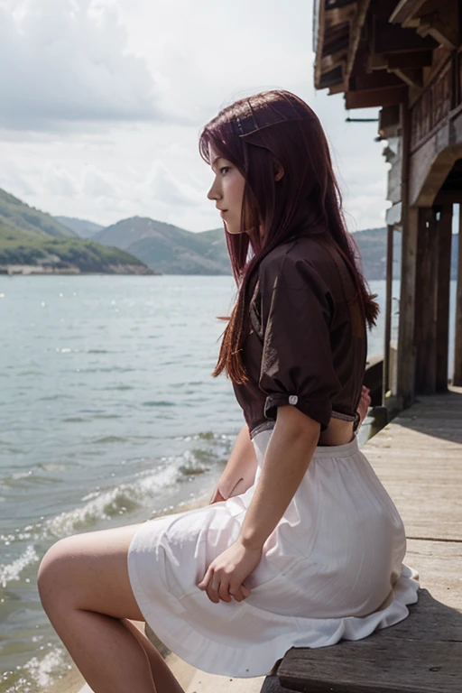 ((fantasy setting)), (realistic), (profile), (looking at camera) (year 1400), (western), 1 girl, maroon hair, sitting on pier, relaxed, teenager, white dress, busy surroundings