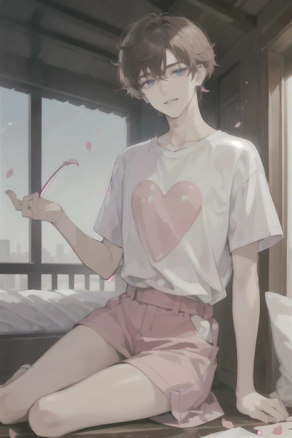masterpiece, portrait, aesthetic, , (short hair), full body, big blue eyes and petal-soft lips, fluffy medium-long brown hair with red tips, pink with a heart-shaped gemstone on the right ear Earrings, high quality, full body, medium shot, ((men's T-shirt)), beautiful clothing, professional perspective, small breasts, 18 years old, daytime, dramatic light, facing the future, ((happy)), (bold makeup) , eyeliner, medium bust, (squinting), fair skin, (the background is a middle school dormitory)