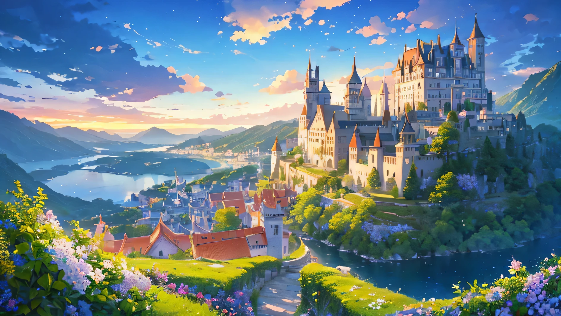 a beautiful castle in a valley in the night, a lake of water, flowers and beautiful sky with clouds and stars, nostalgic