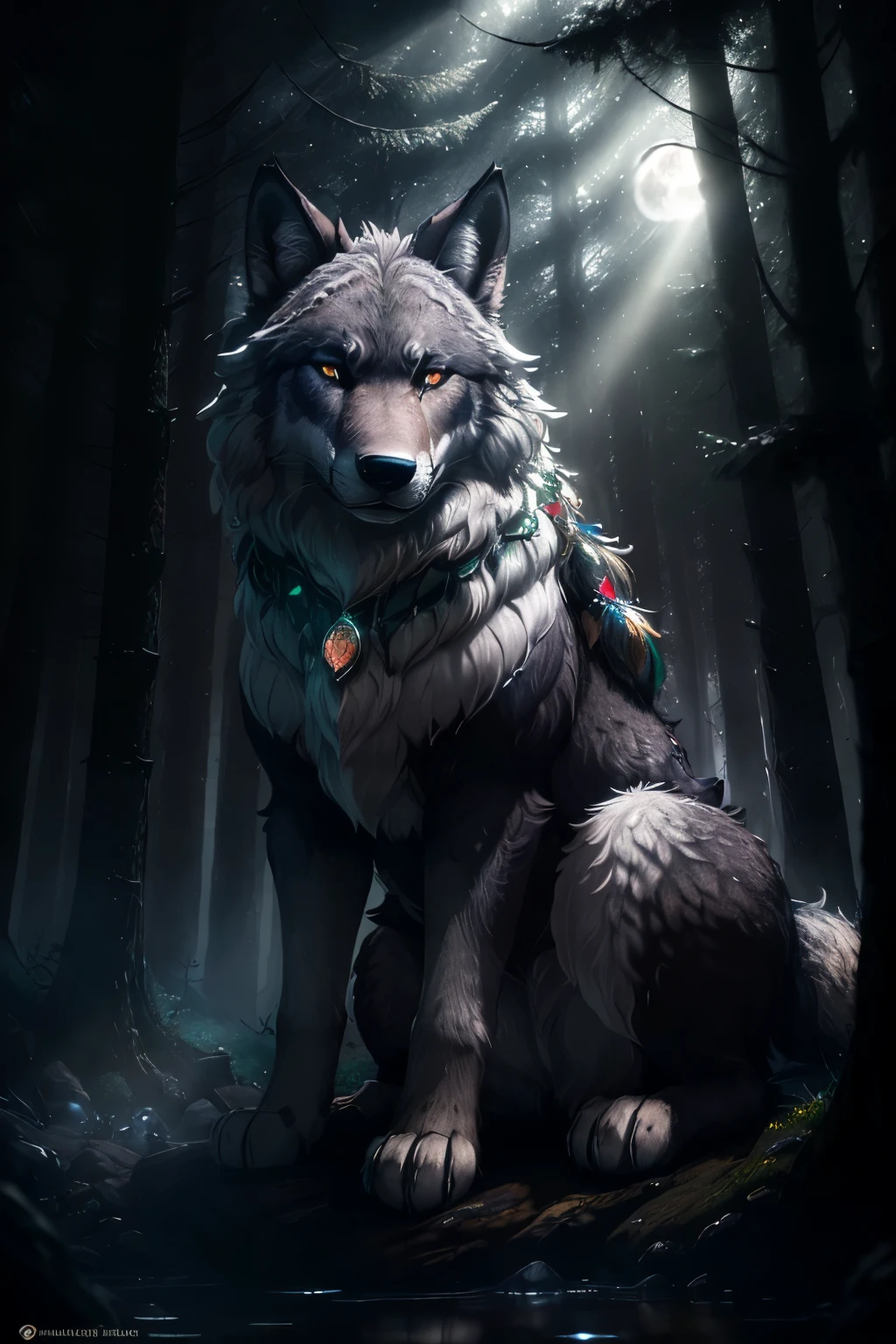 Movie CG, majestic wolf, lupine beast, (emerald eyes glowing), rugged and muscular frame, (thick fur glistening with water), (howling under a full moon), moonlit forest, (paws touching the crystal-clear lake), (ears perked up, alert and focused), (ringed with silver fur), (trail of mist trailing behind), (shadows dancing on the forest floor), (intricately detailed each strand of fur), Highly detailed, volumetric lighting, 8K rendering, Ultra photo realism, Lifelike texture, Dramatic lighting, illusory engine, ((Masterpiece)), ((Best quality)), ultra