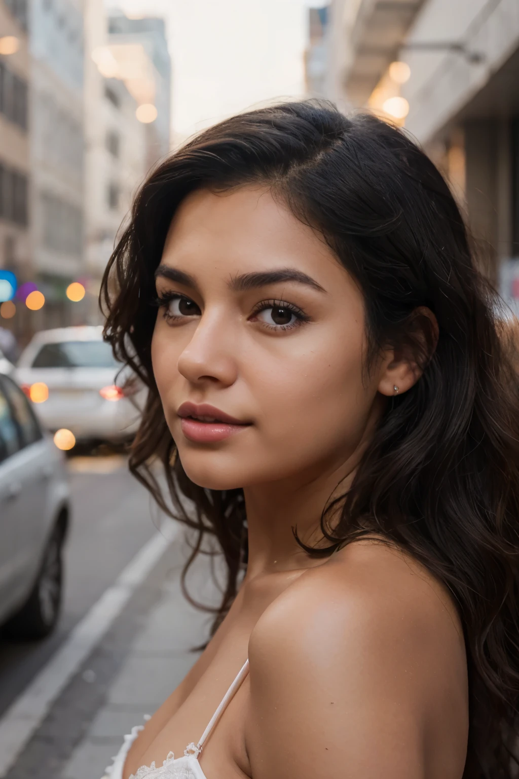 create a hyperrealistic latina woman with curly dark hair and tanish skin, but make her nose perfect and eyes grey