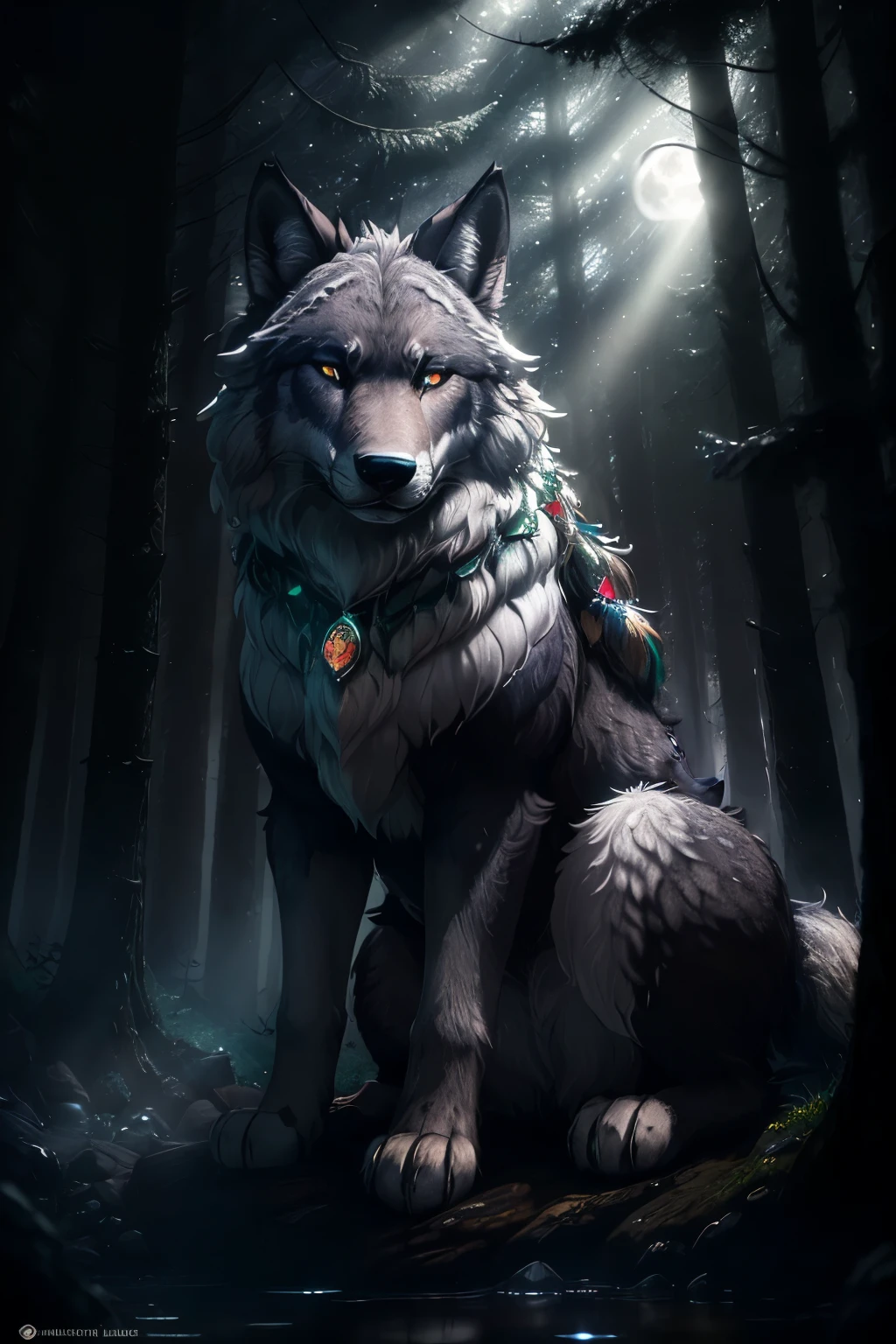 Movie CG, majestic wolf, lupine beast, (emerald eyes glowing), rugged and muscular frame, (thick fur glistening with water), (howling under a full moon), moonlit forest, (paws touching the crystal-clear lake), (ears perked up, alert and focused), (ringed with silver fur), (trail of mist trailing behind), (shadows dancing on the forest floor), (intricately detailed each strand of fur), Highly detailed, volumetric lighting, 8K rendering, Ultra photo realism, Lifelike texture, Dramatic lighting, illusory engine, ((Masterpiece)), ((Best quality)), ultra