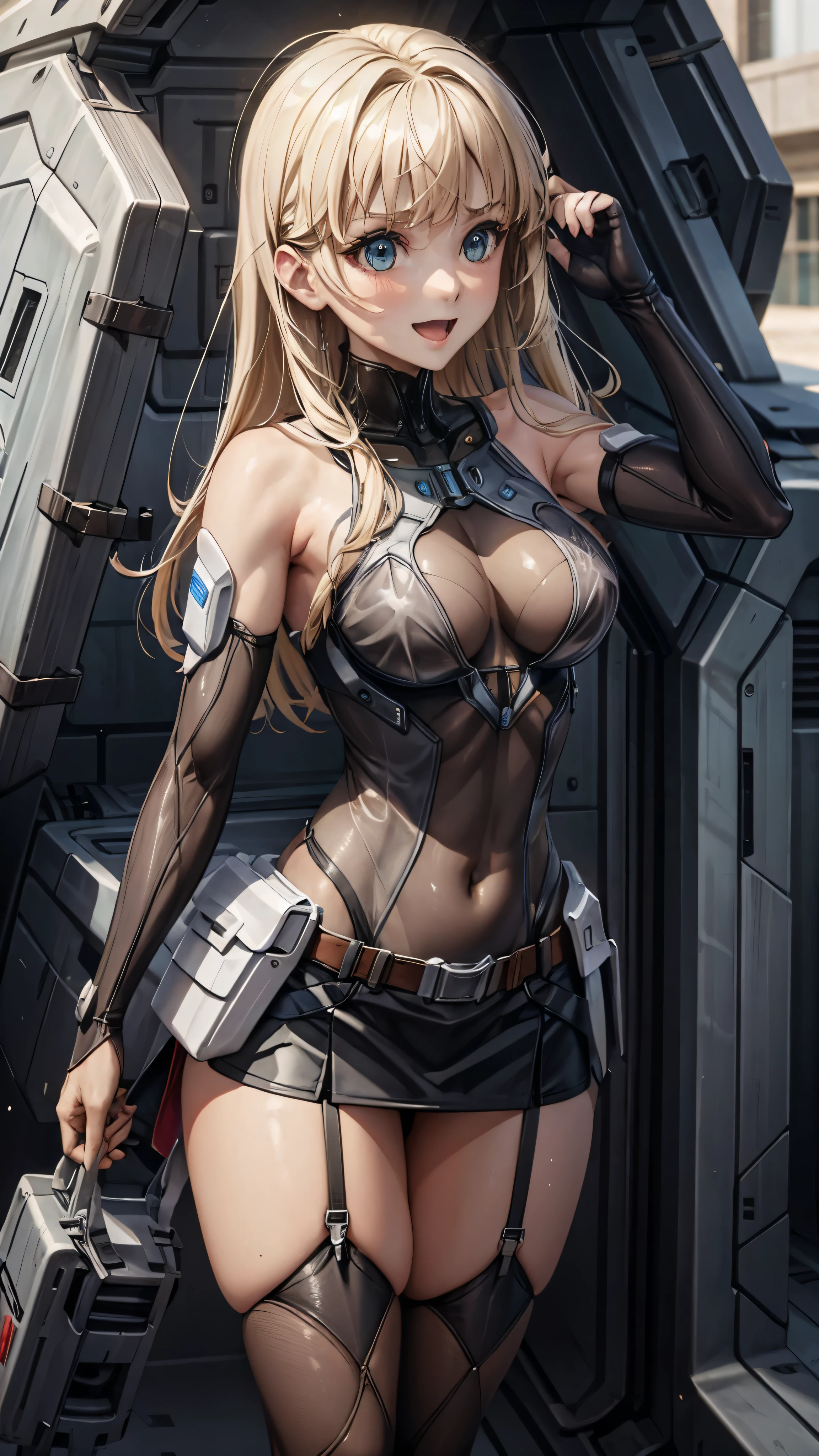 woman,20-year-old,,city,night,((white tight miniskirt bodysuit)),(Harada Makoto),open mouth smile,(((See-through))),((blonde)),long hair